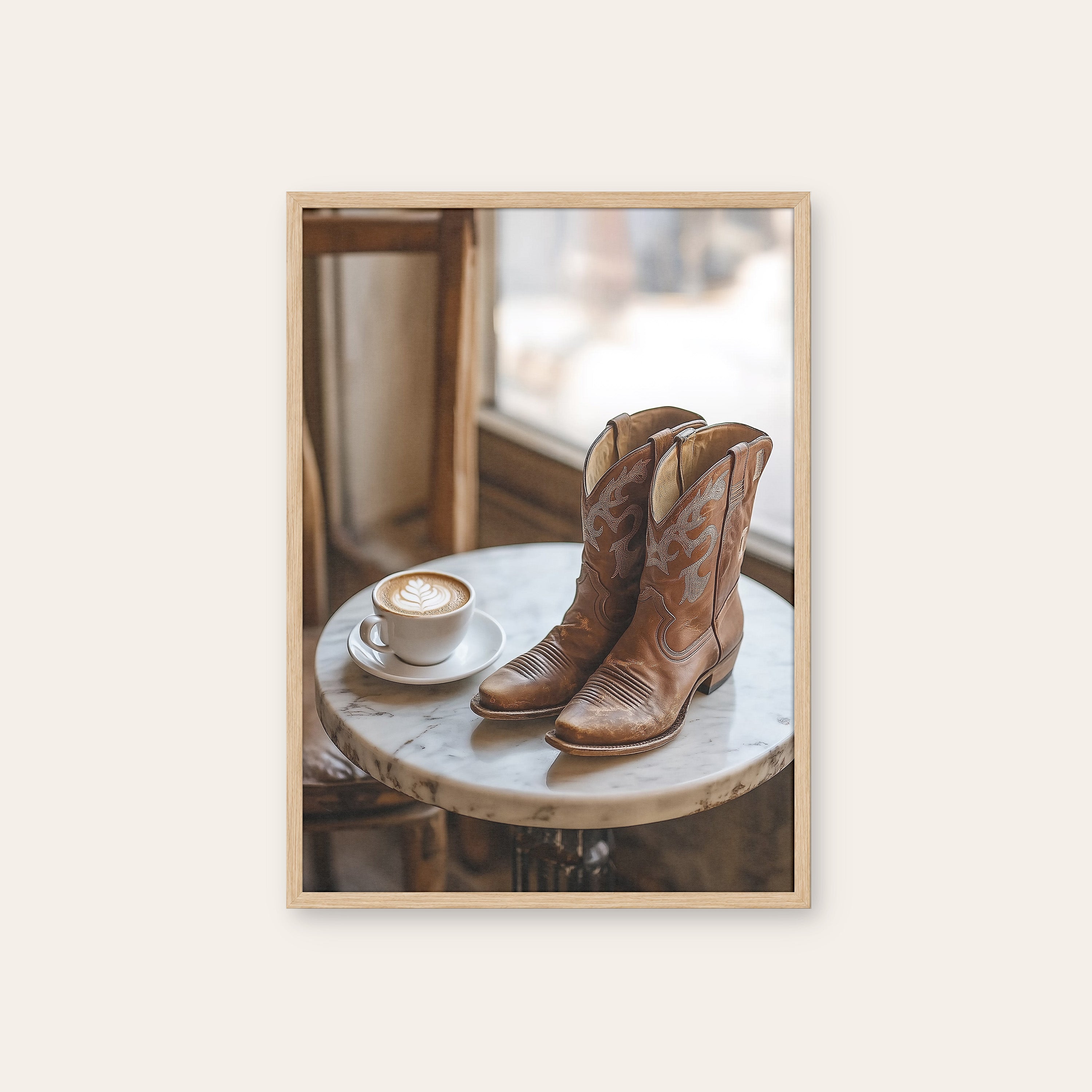 Boots & Latte — Café Western Print – natural wood frame