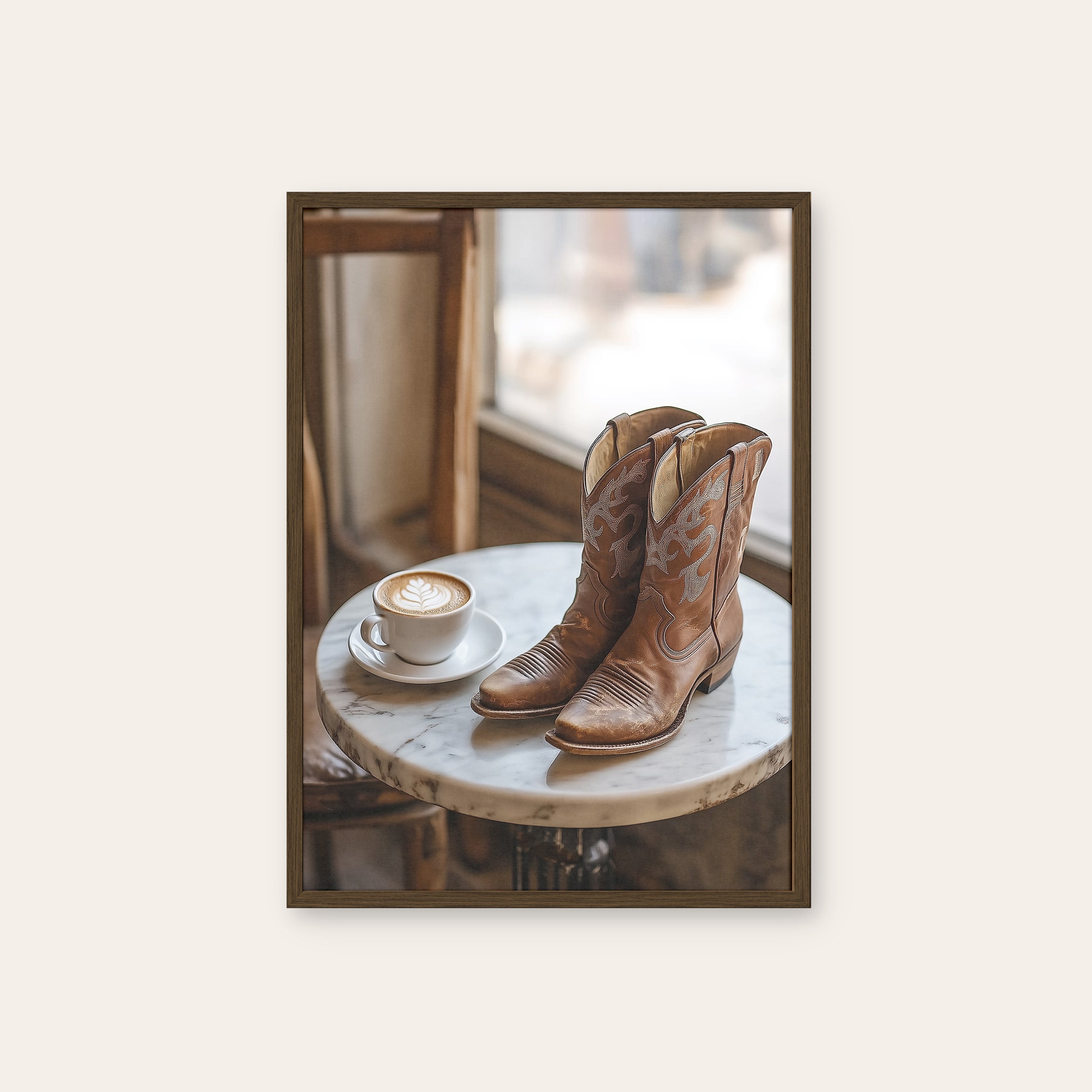 Boots & Latte — Café Western Print – dark wood frame