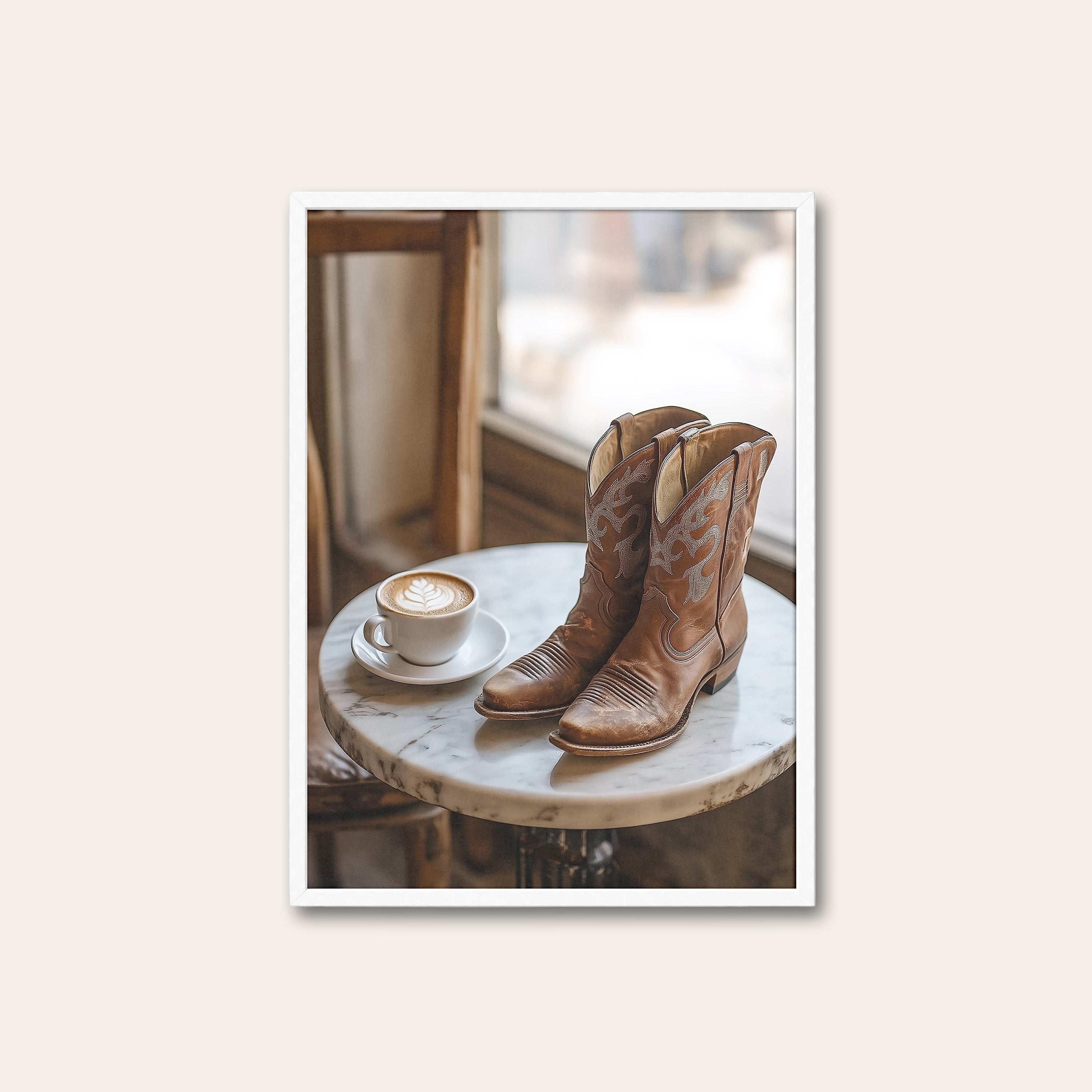 Boots & Latte — Café Western Print – white frame