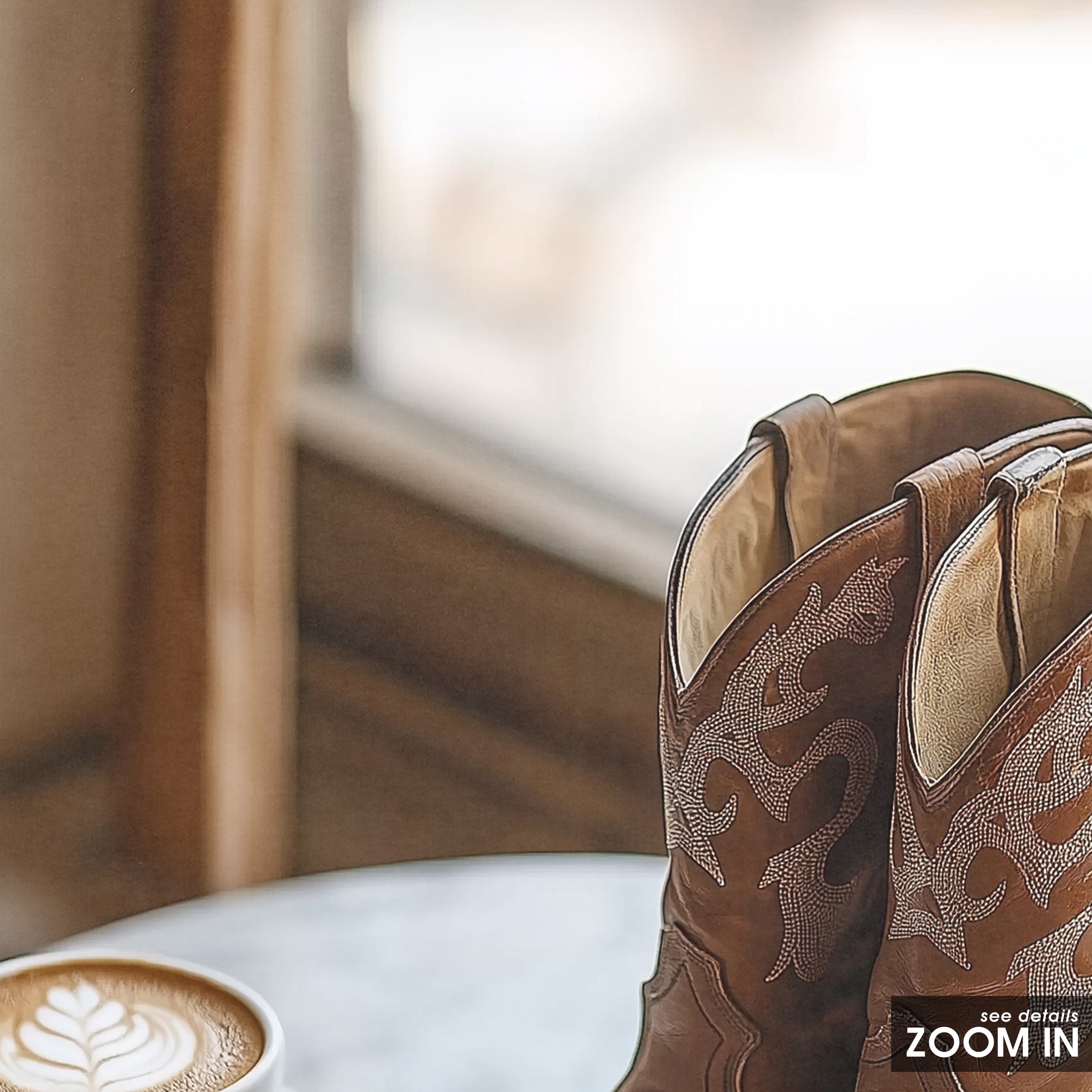 Boots & Latte — Café Western Print – in room setting