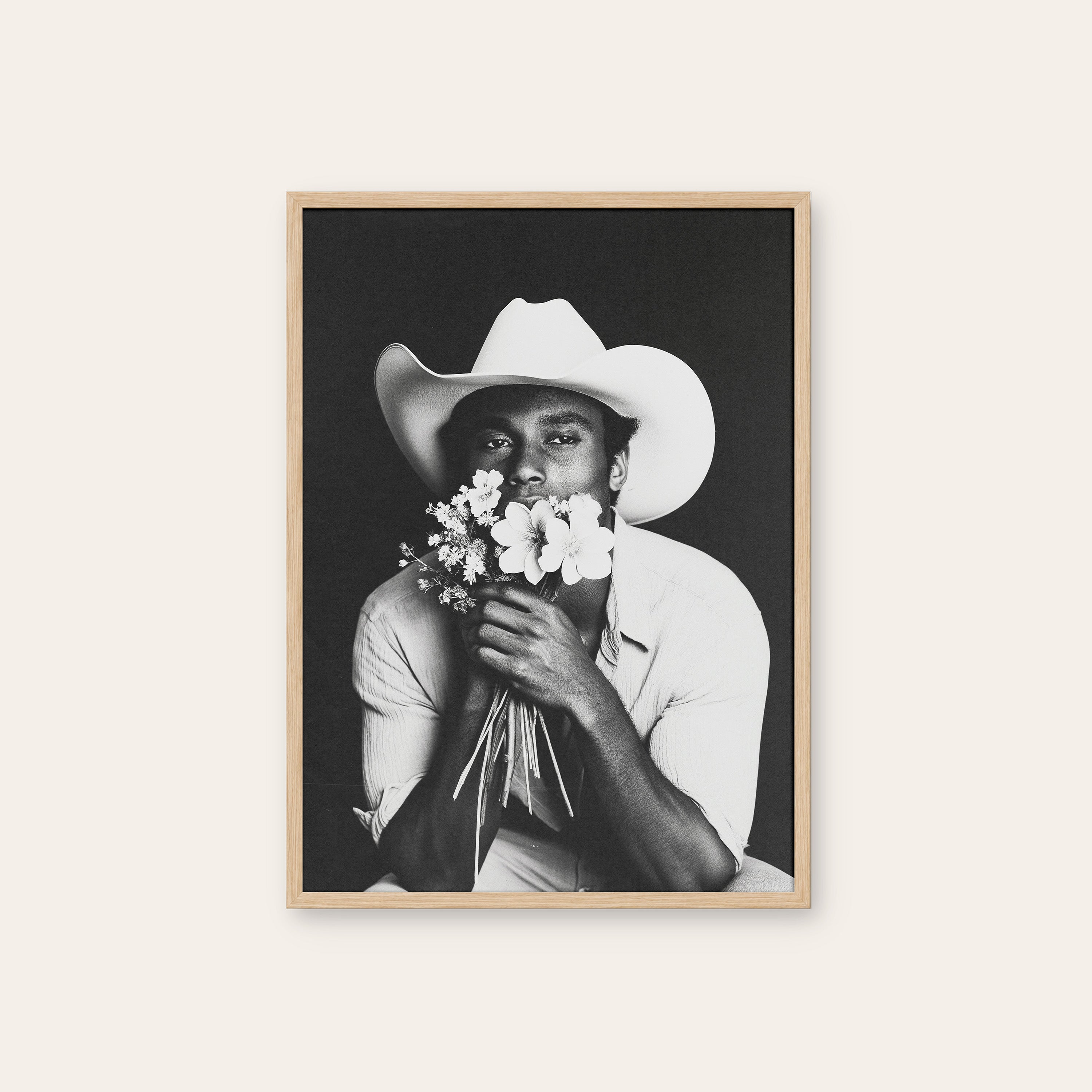 Wildflower Cowboy — Portrait Print – natural wood frame