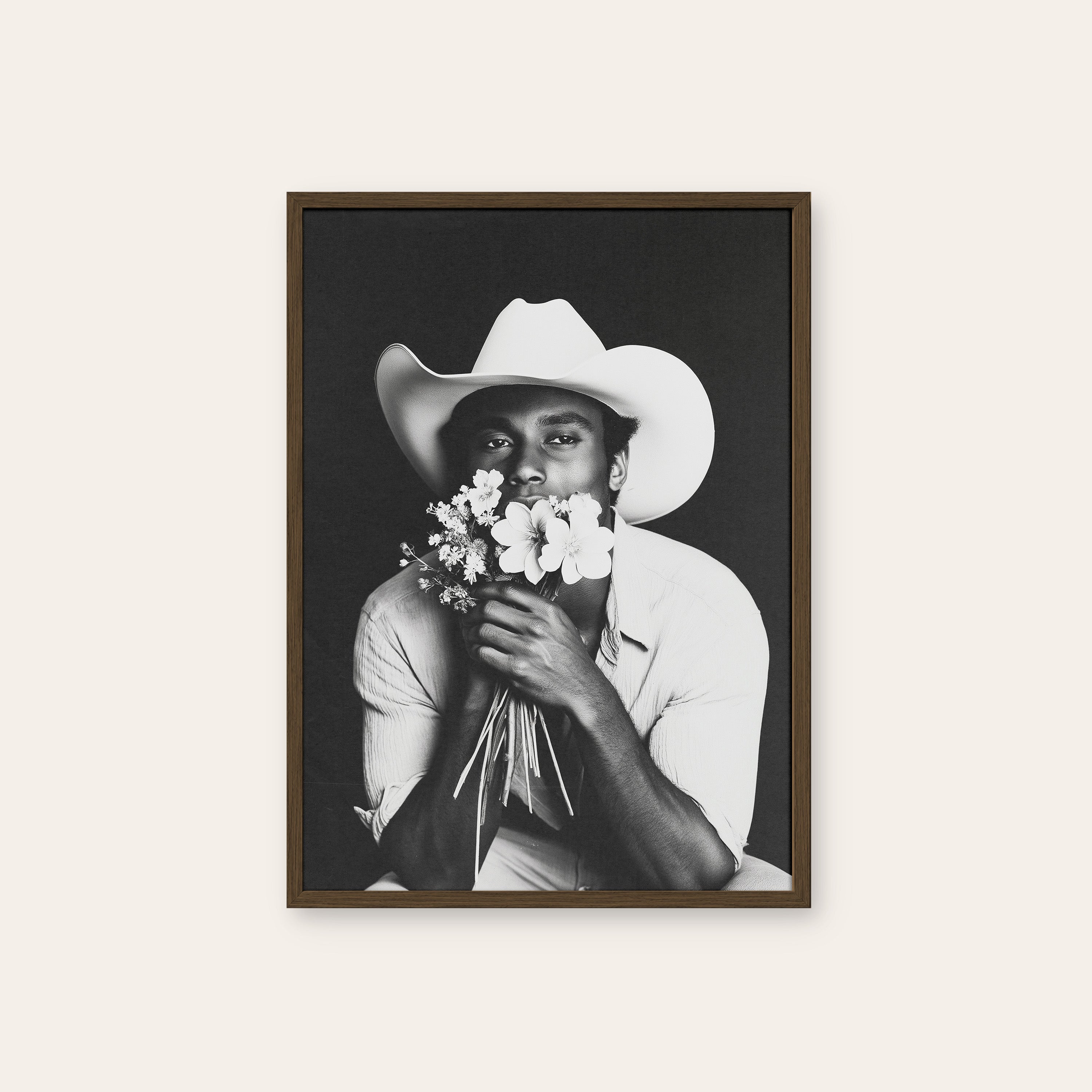 Wildflower Cowboy — Portrait Print – dark wood frame