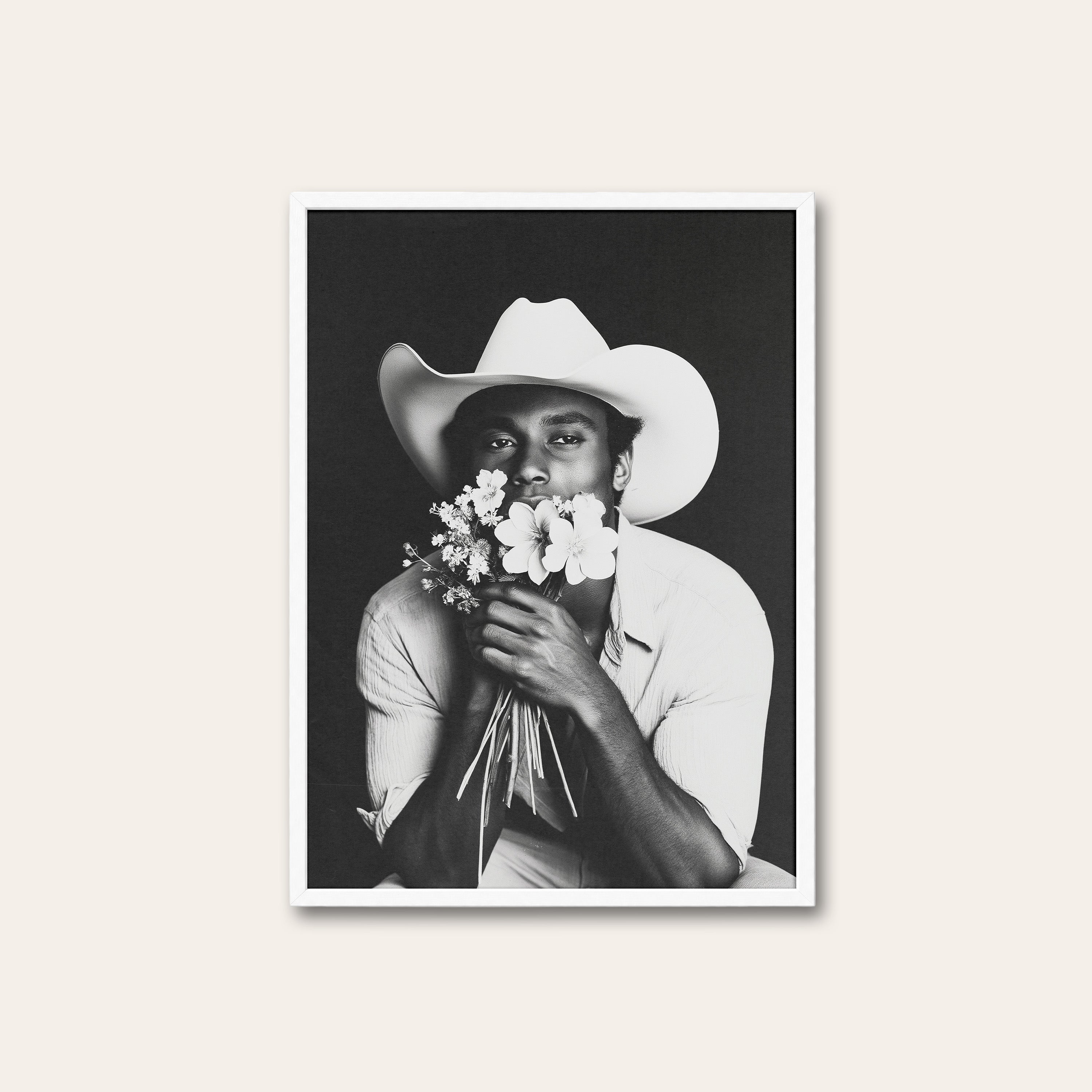 Wildflower Cowboy — Portrait Print – white frame