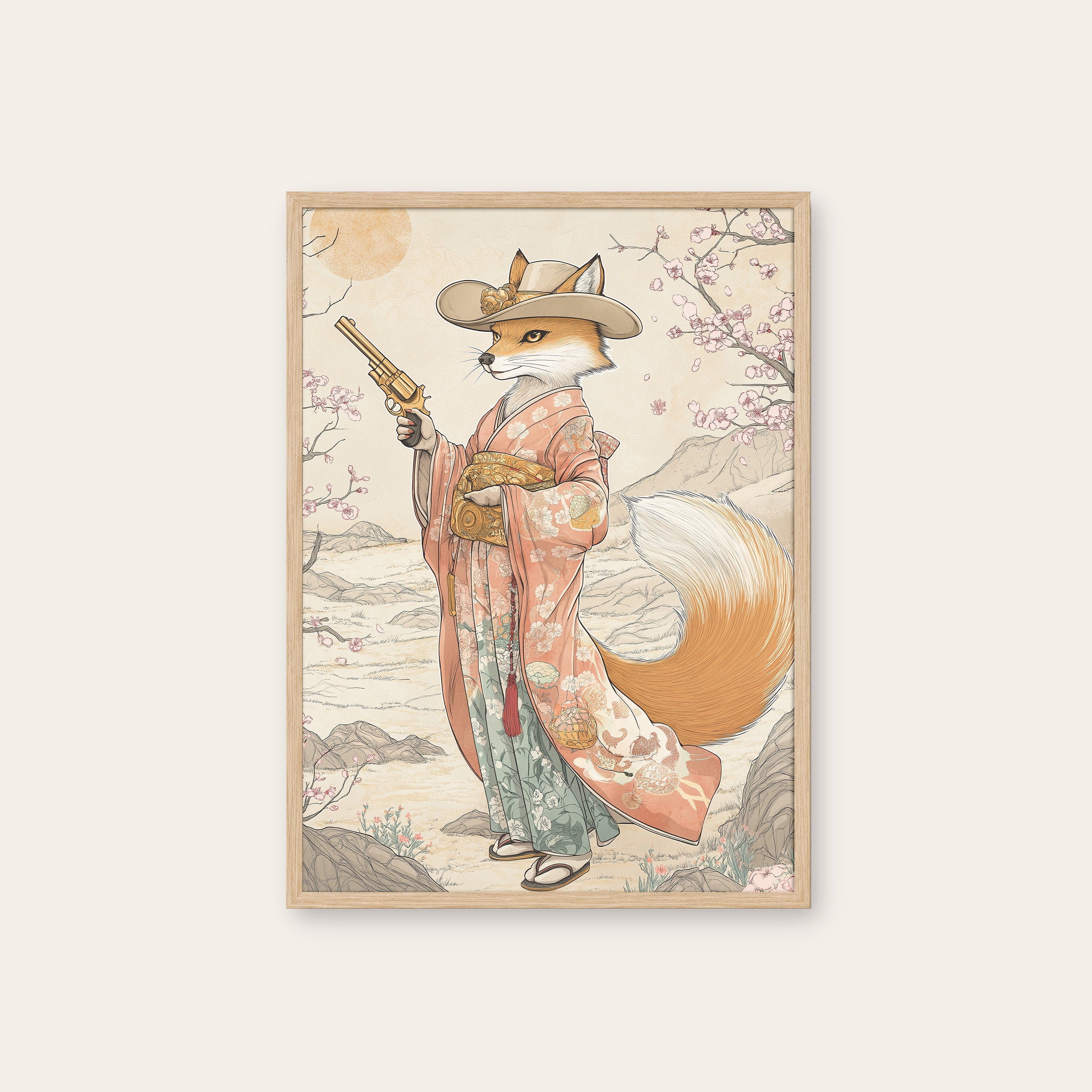 Fox Gunslinger — Kimono Western Print – natural wood frame