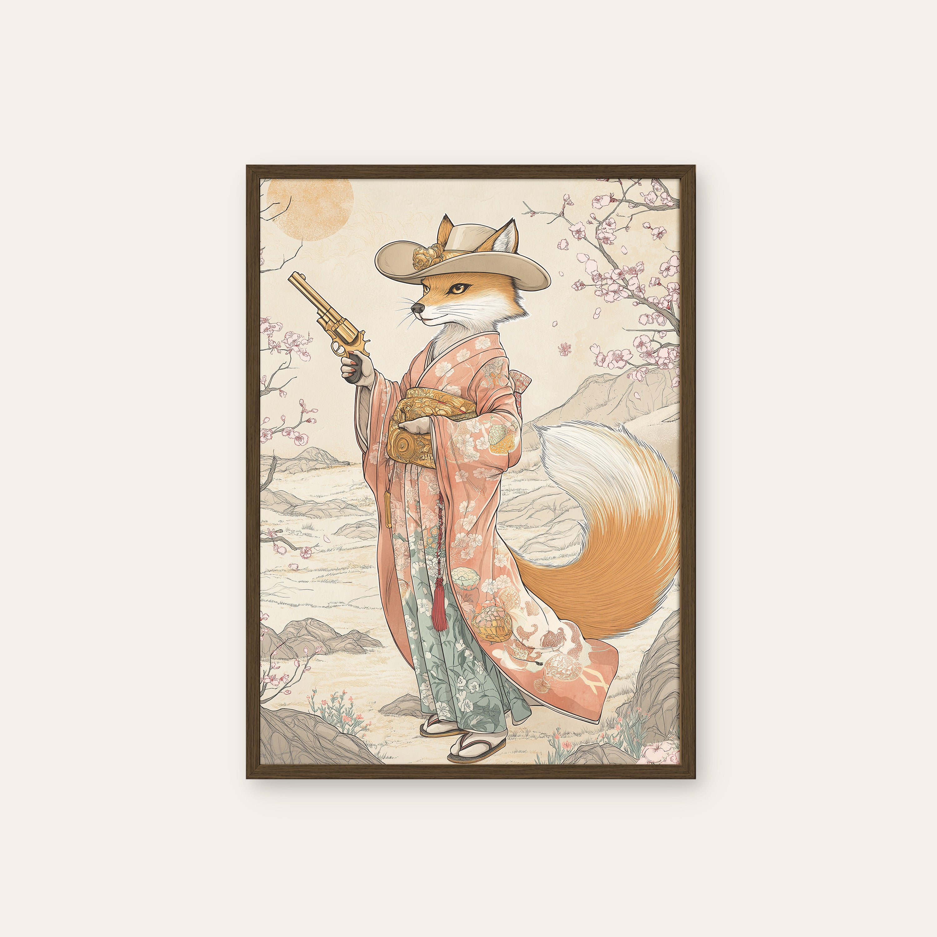 Fox Gunslinger — Kimono Western Print – dark wood frame