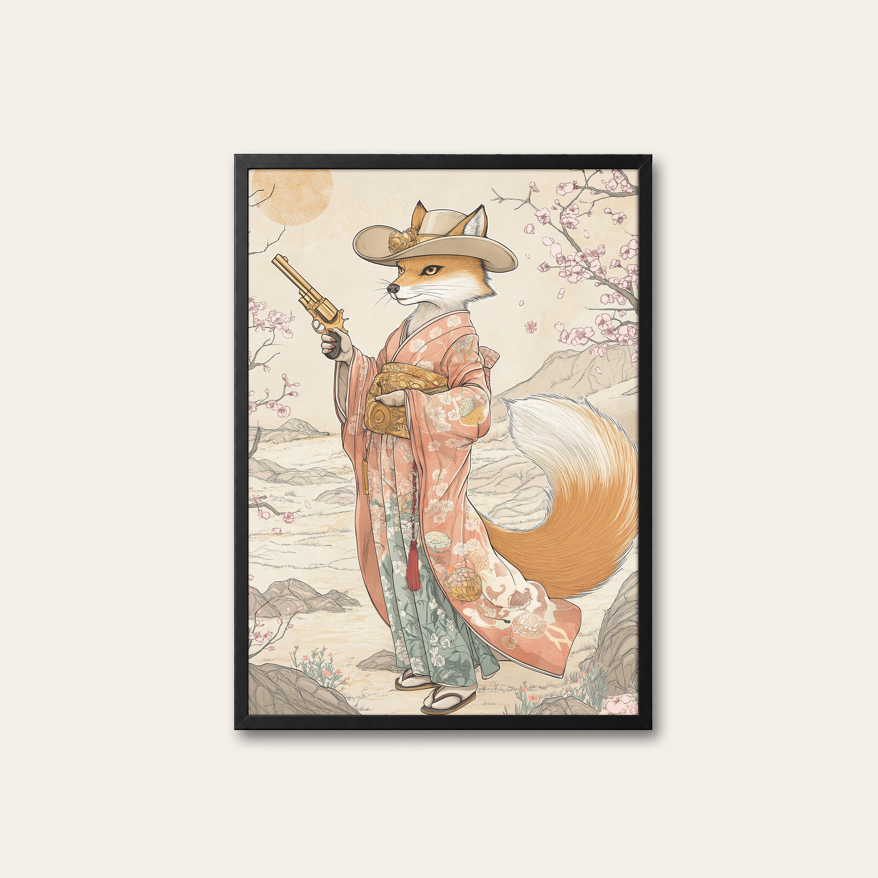 Fox Gunslinger — Kimono Western Print – black frame