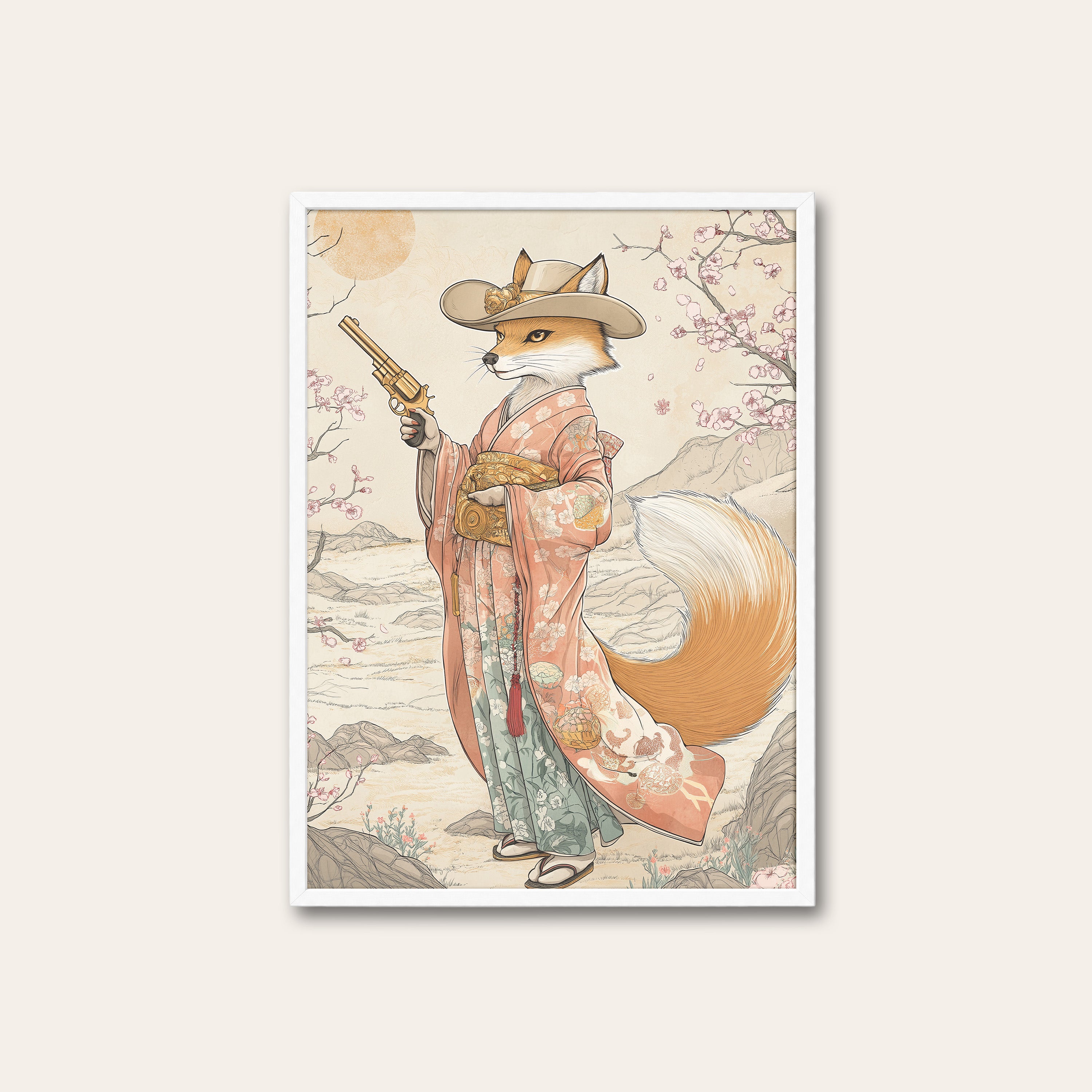Fox Gunslinger — Kimono Western Print – white frame