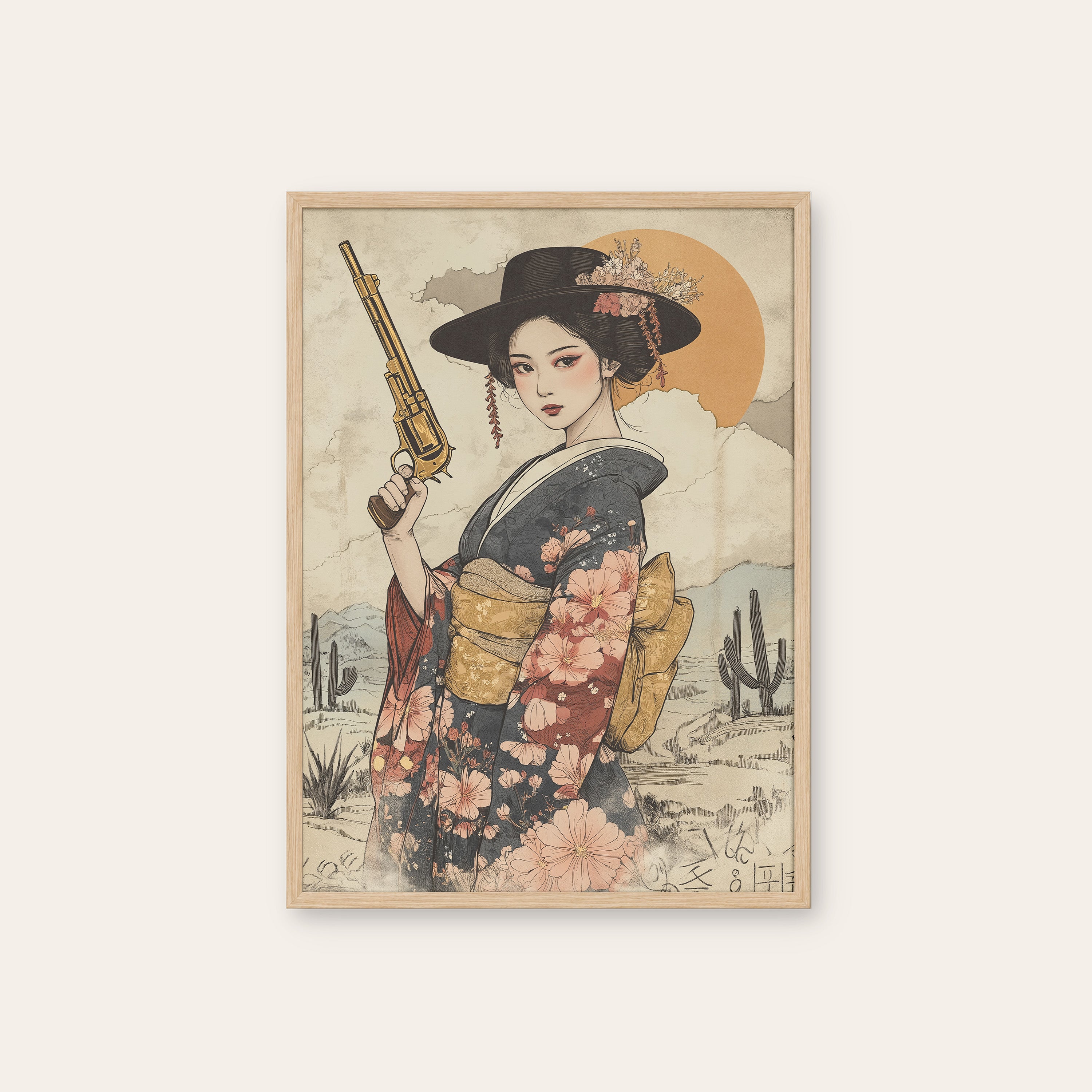 Blossom Gunslinger — Geisha Western Print – natural wood frame