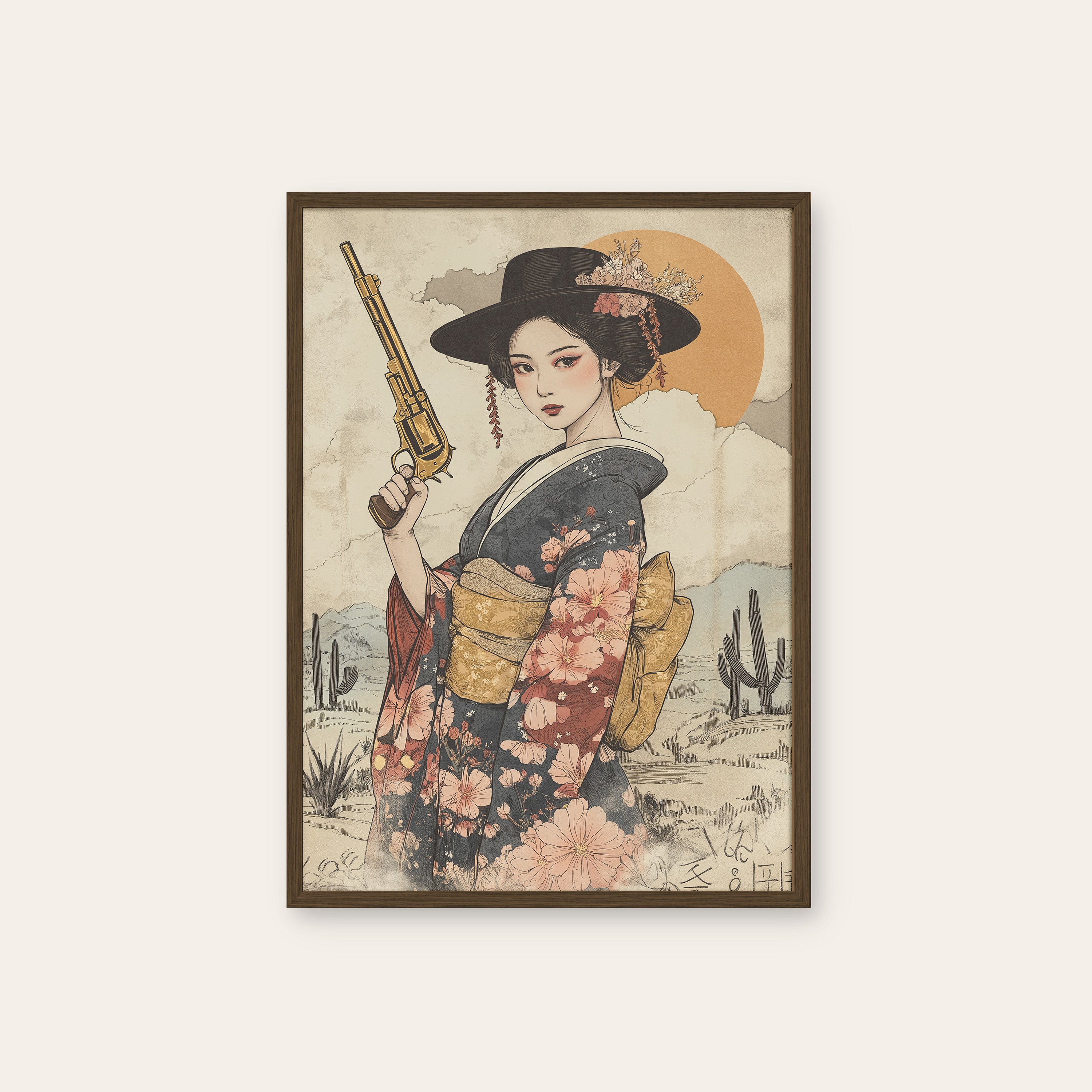 Blossom Gunslinger — Geisha Western Print – dark wood frame