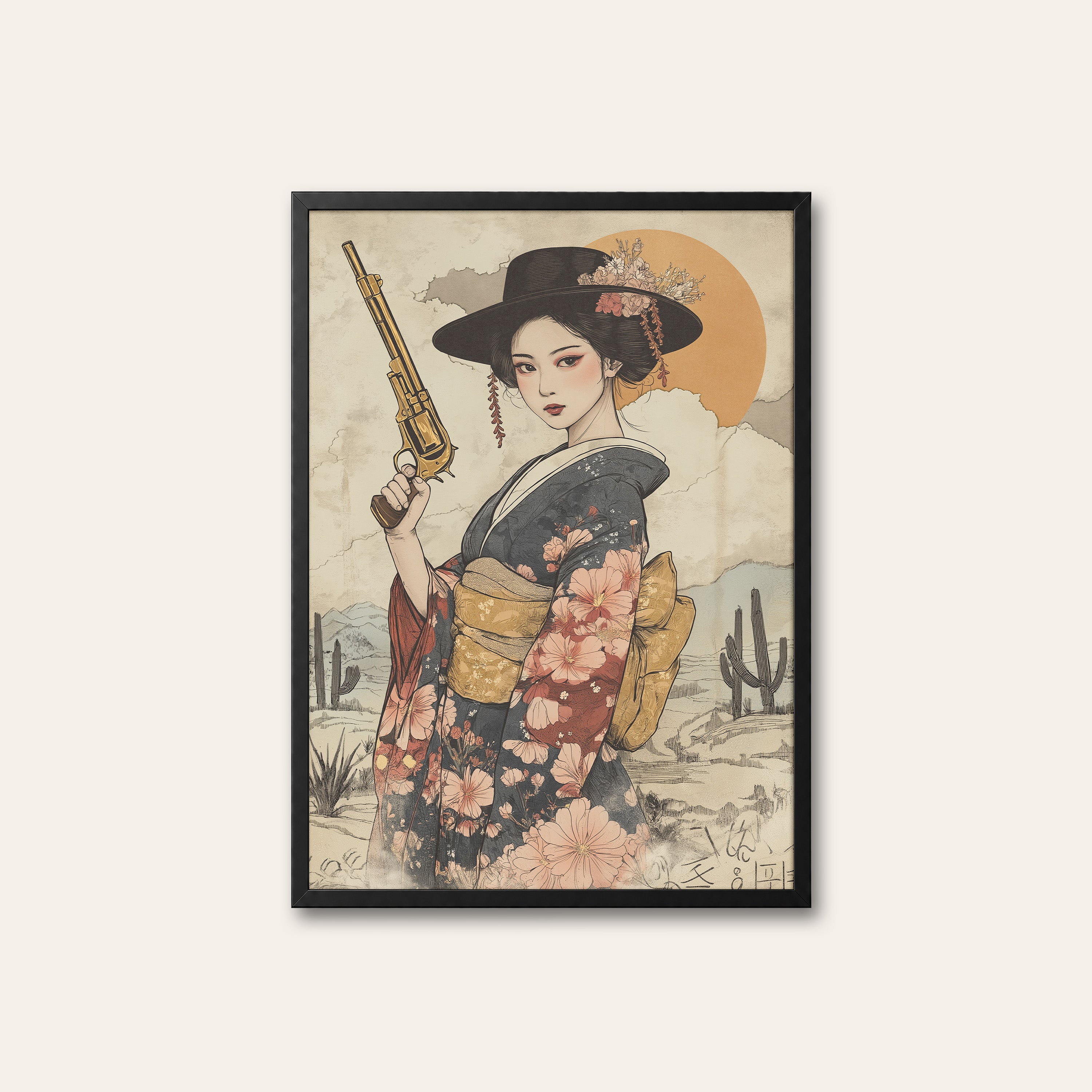 Blossom Gunslinger — Geisha Western Print – black frame