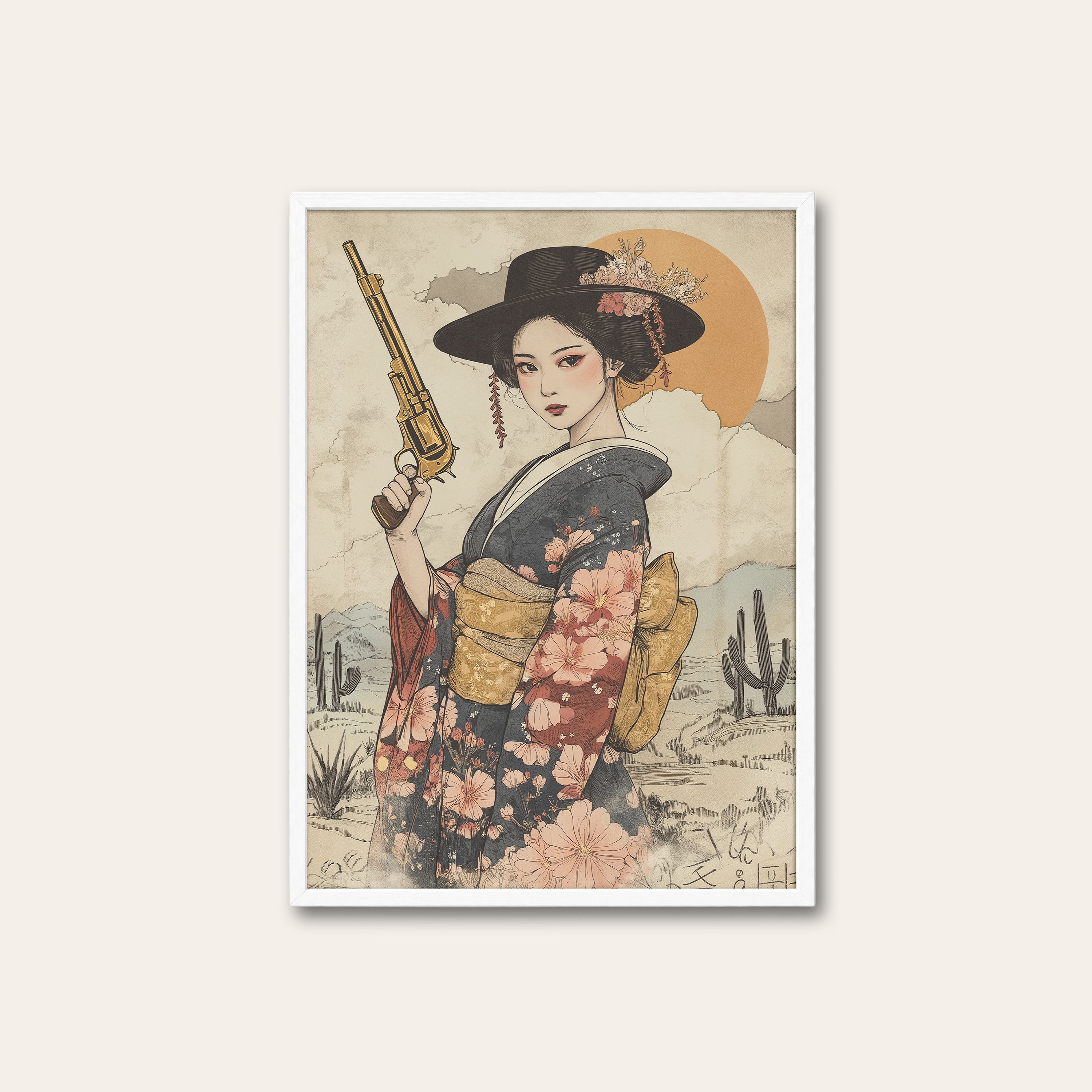 Blossom Gunslinger — Geisha Western Print – white frame