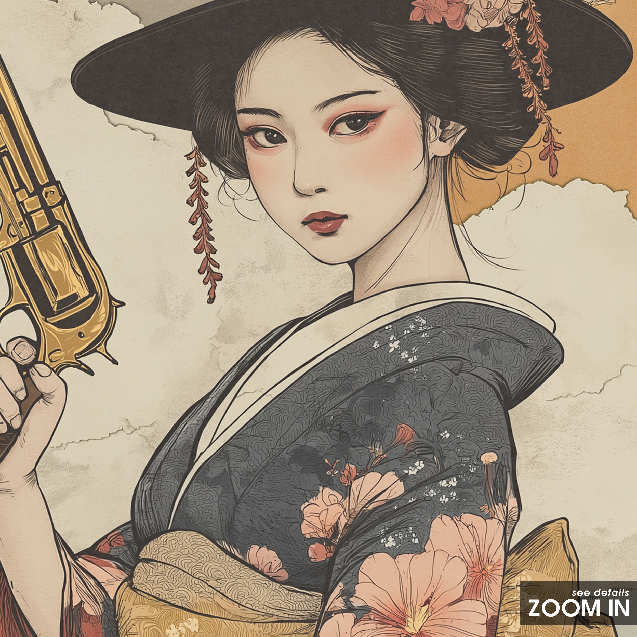 Blossom Gunslinger — Geisha Western Print – in room setting