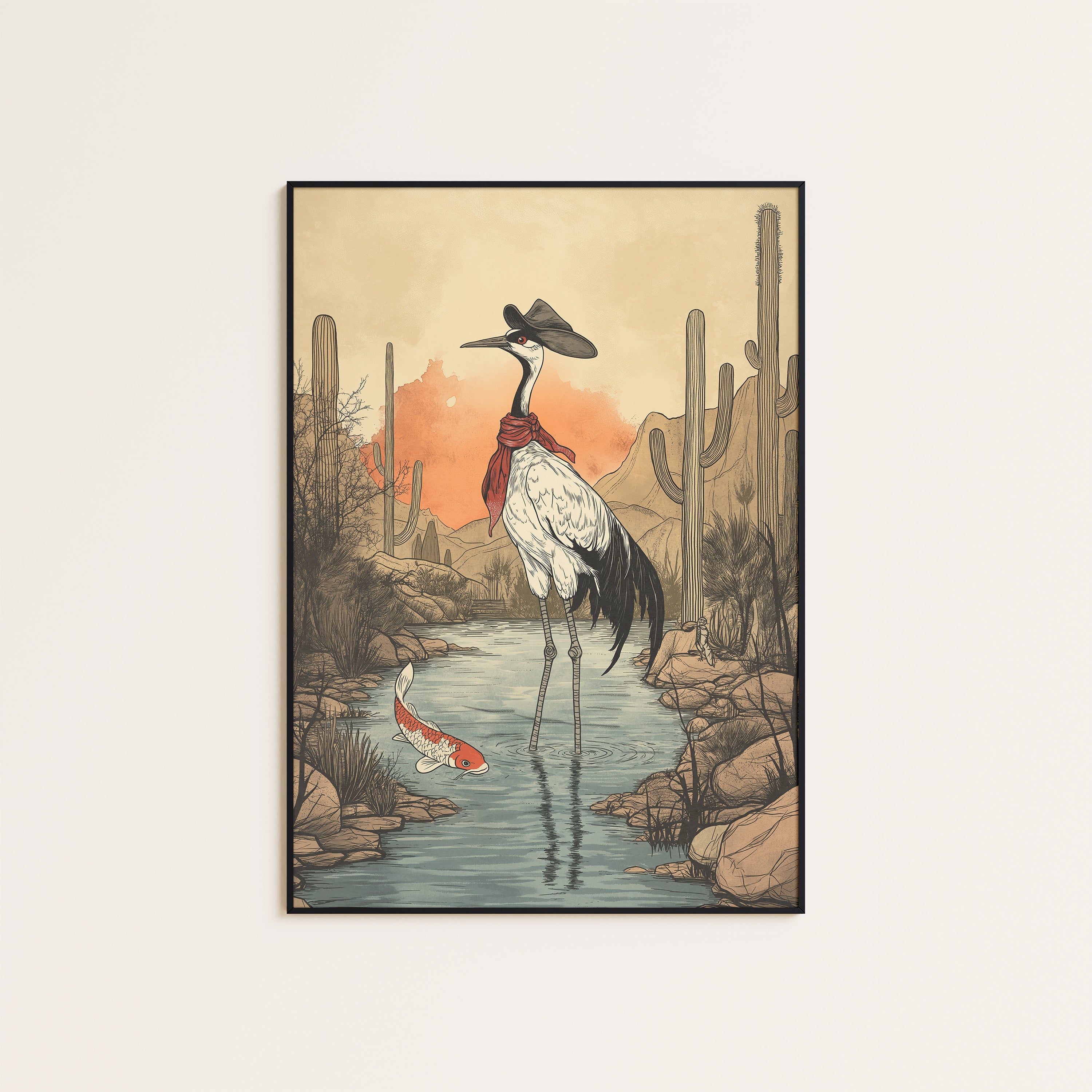 Crane Crossing — Desert Watercolor Print – unframed poster