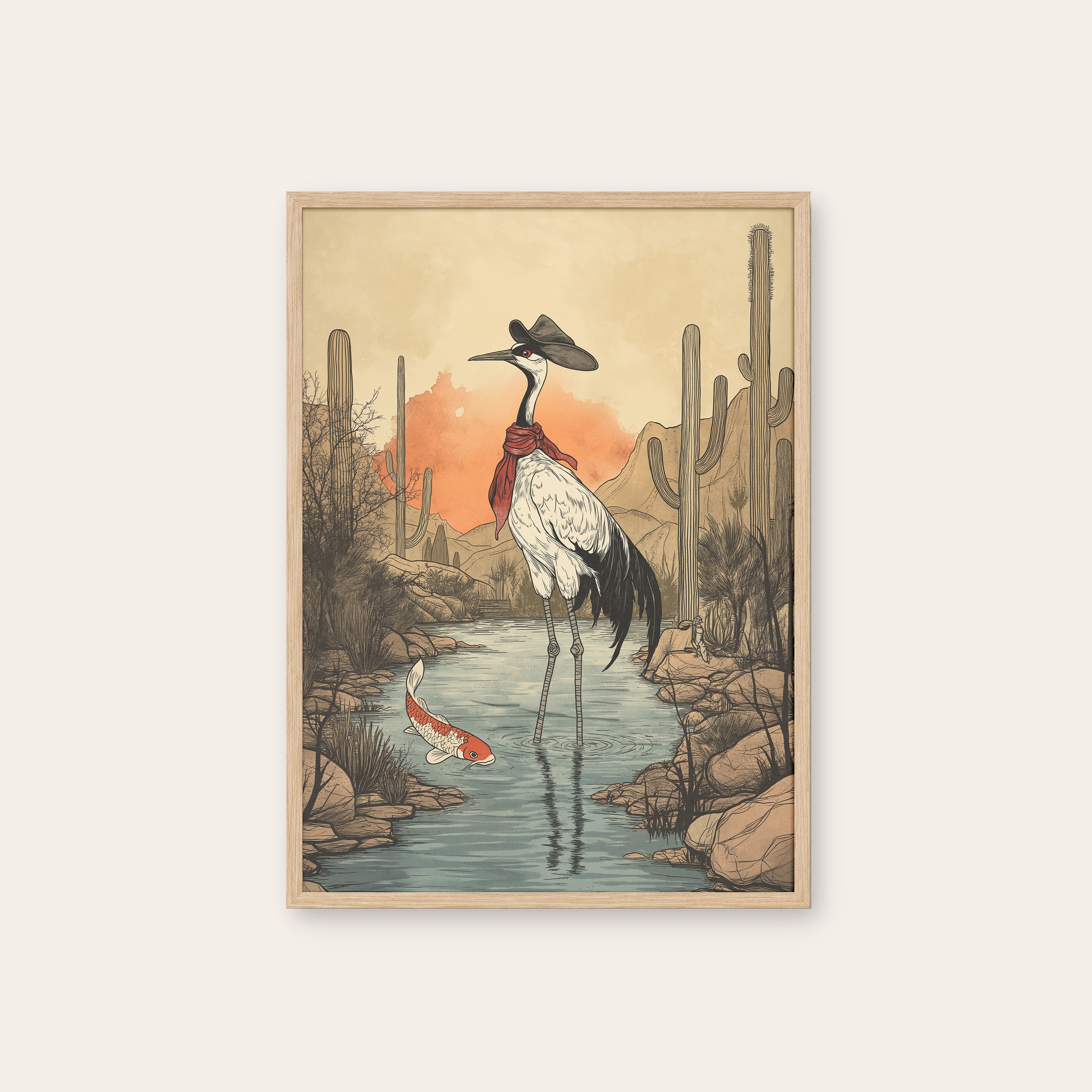 Crane Crossing — Desert Watercolor Print – natural wood frame