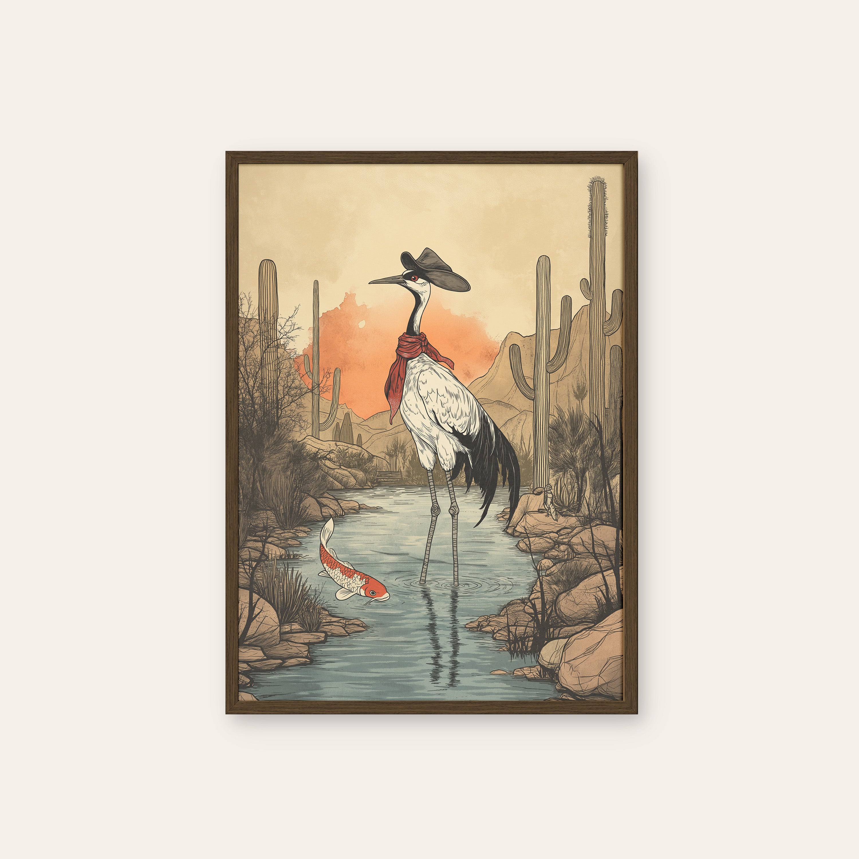 Crane Crossing — Desert Watercolor Print – dark wood frame