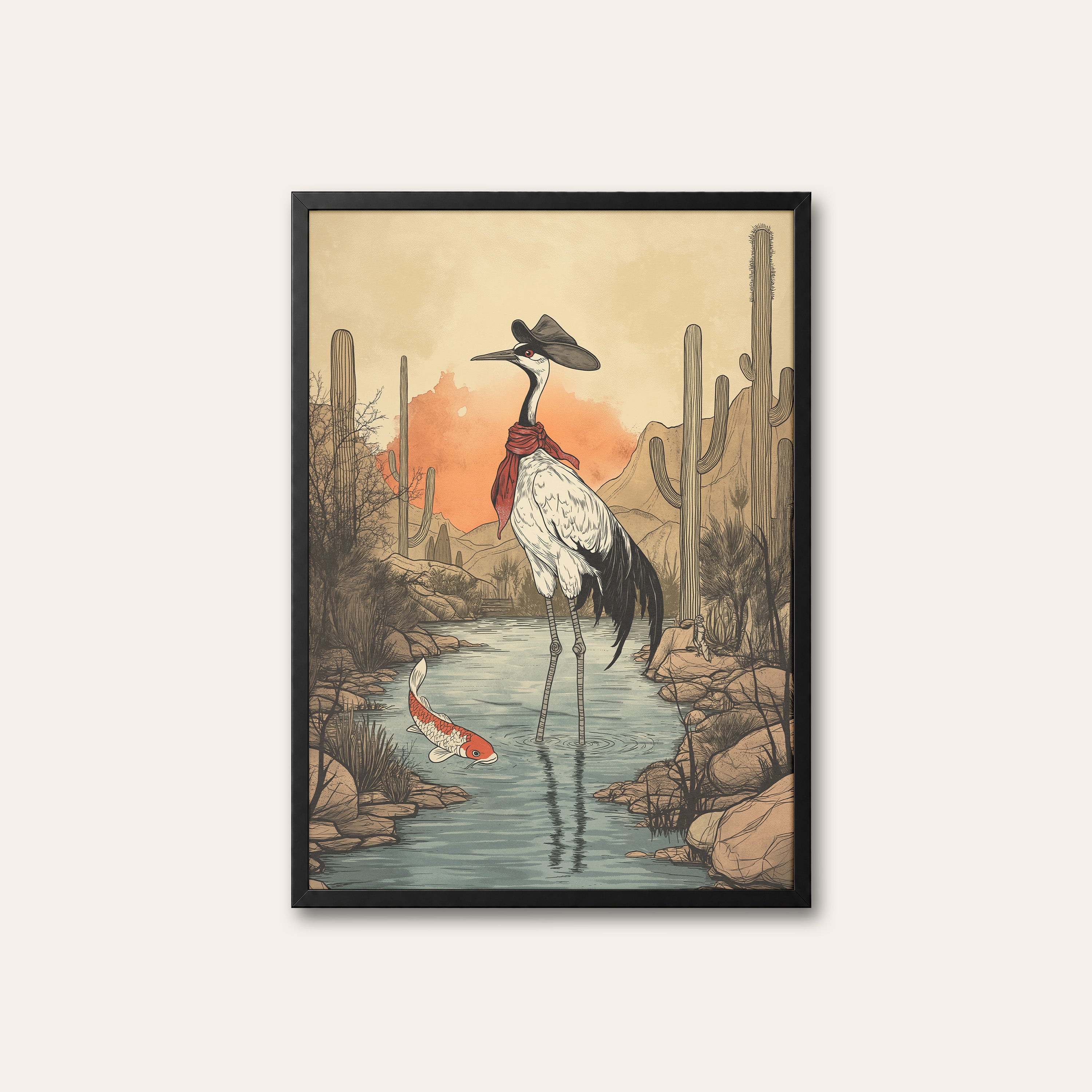 Crane Crossing — Desert Watercolor Print – black frame