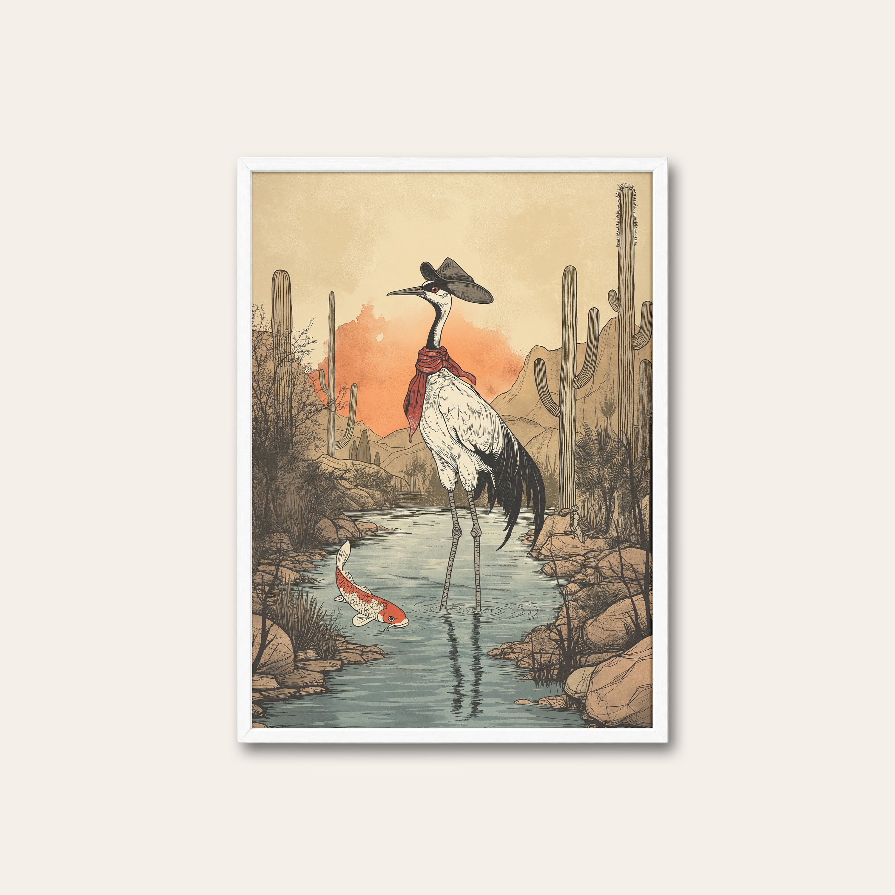 Crane Crossing — Desert Watercolor Print – white frame