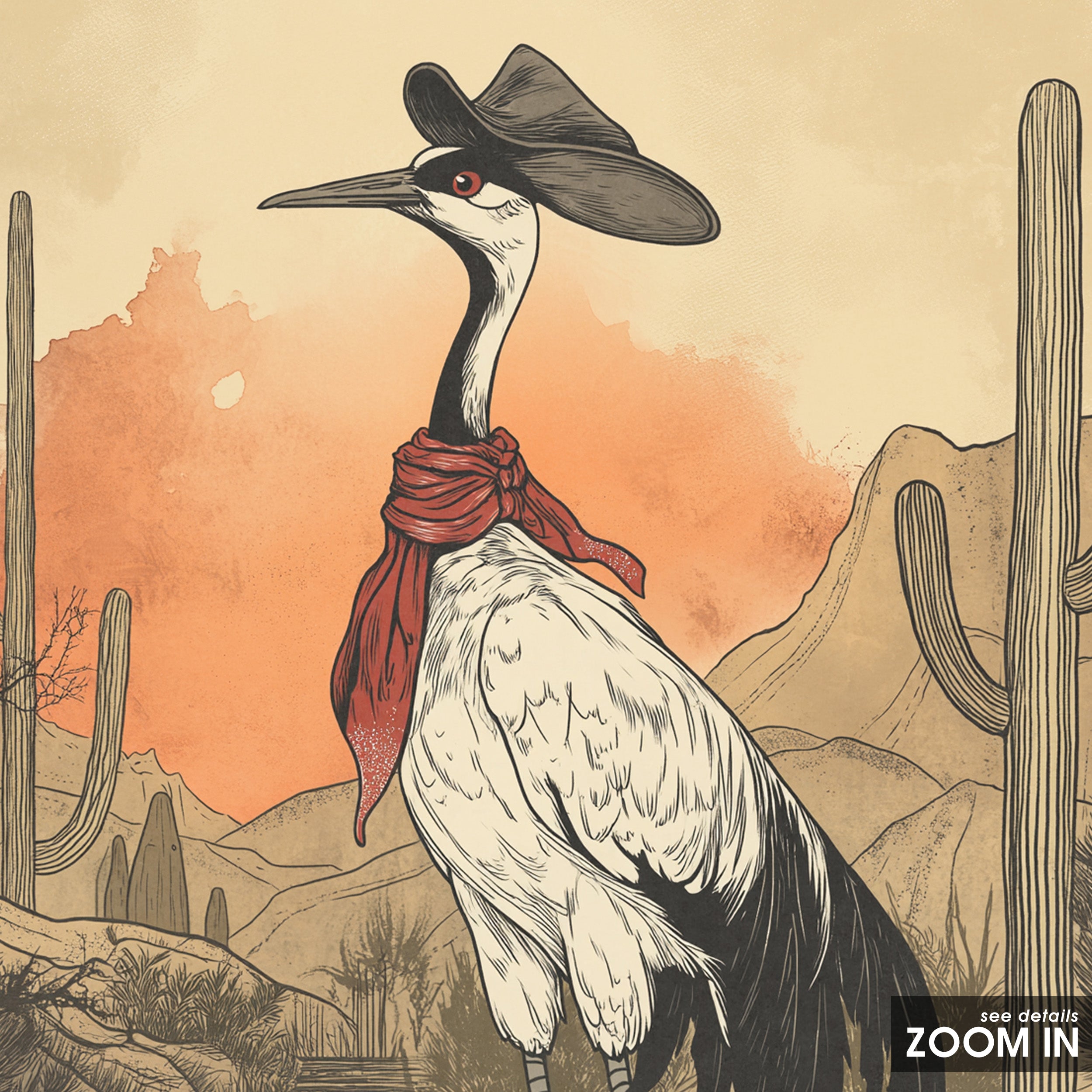 Crane Crossing — Desert Watercolor Print – in room setting