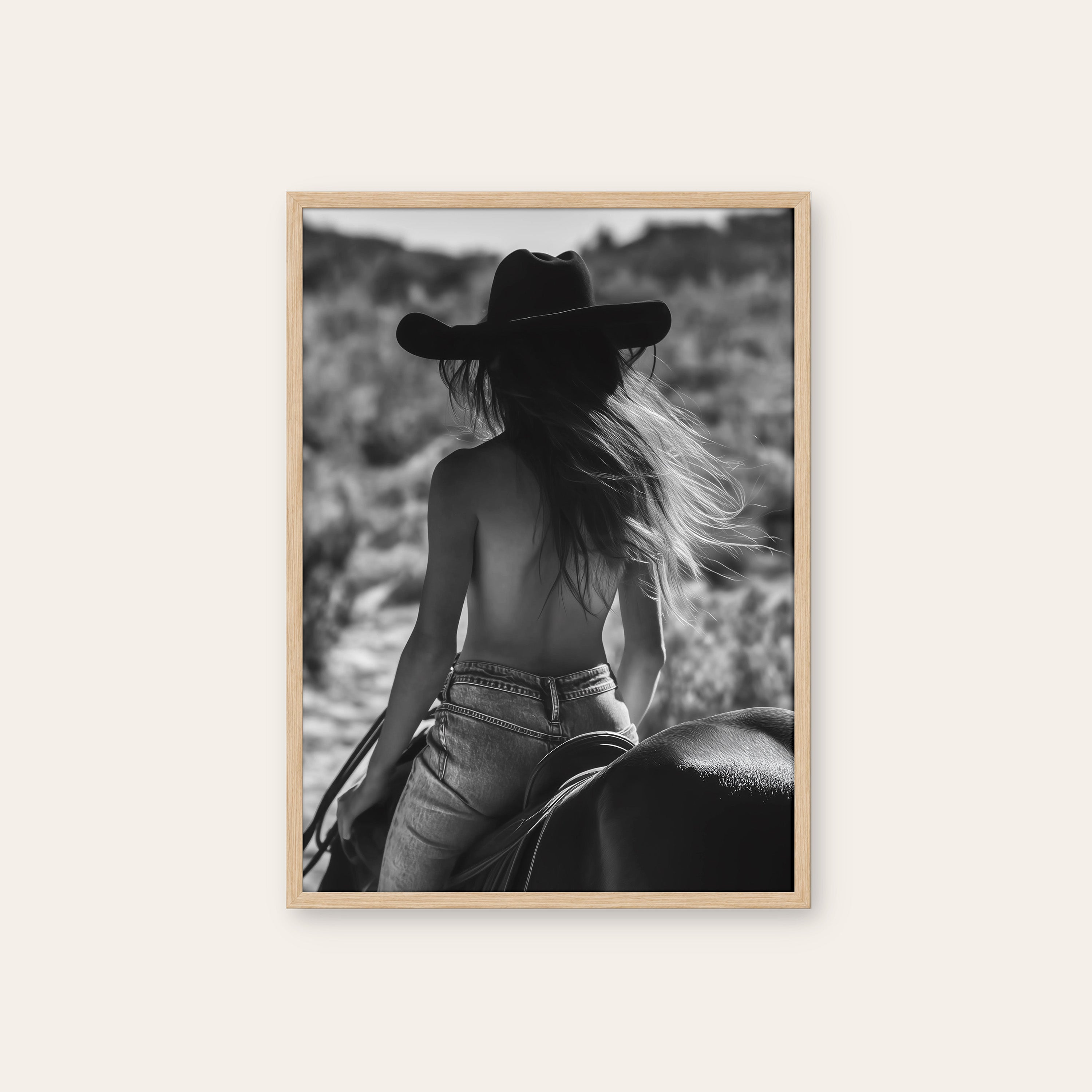 Riding Out — Cowgirl Photo Print – natural wood frame
