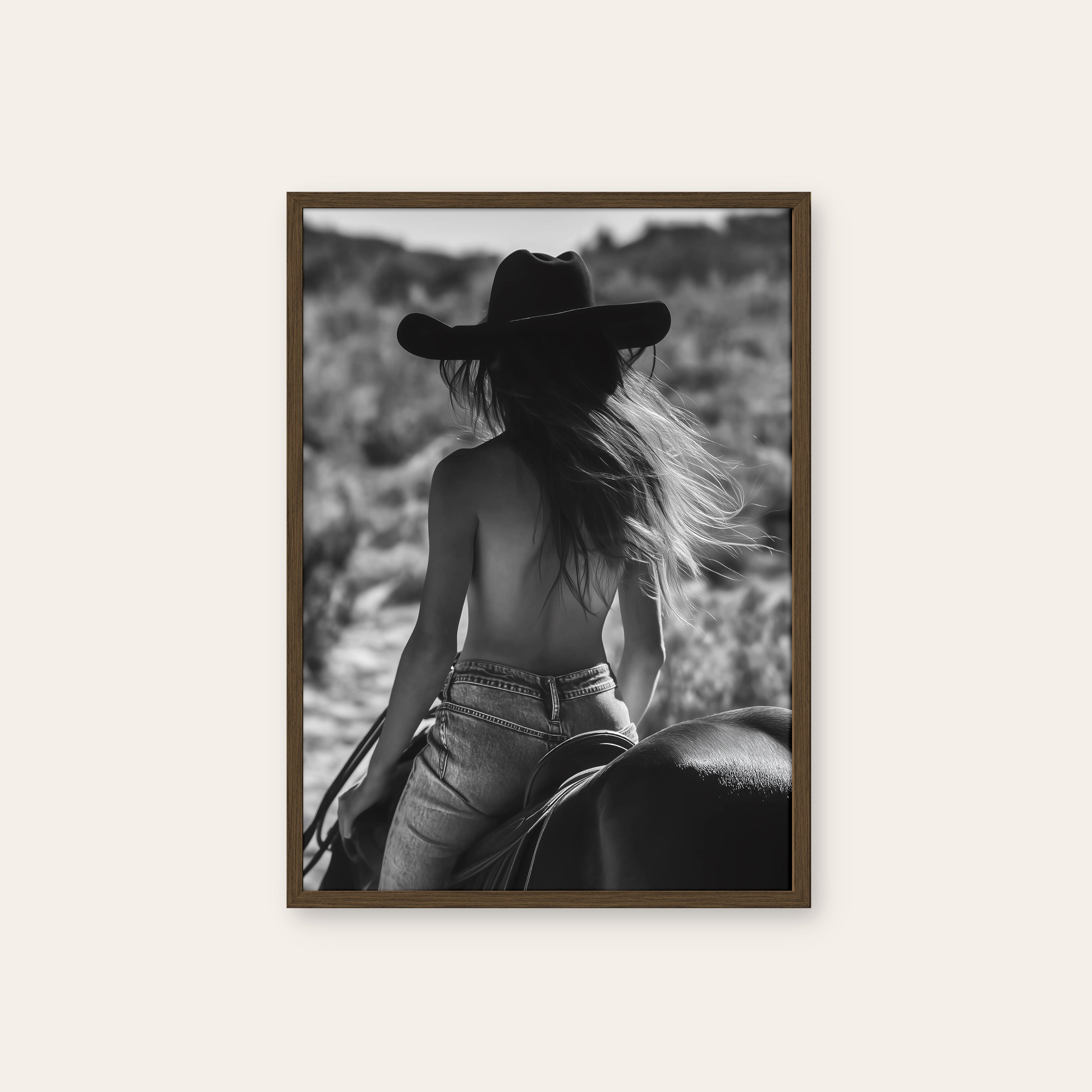 Riding Out — Cowgirl Photo Print – dark wood frame