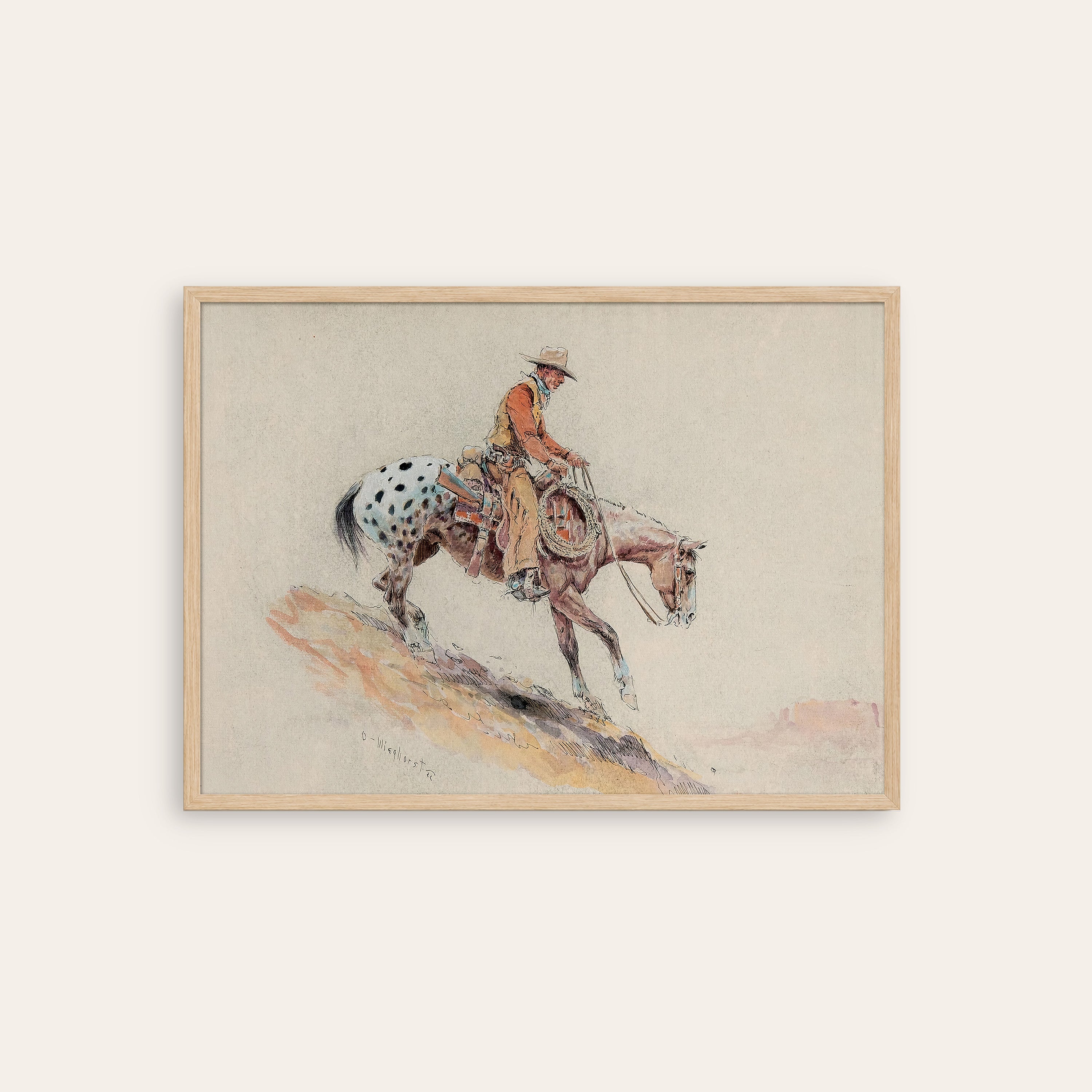 Appaloosa Descent — Watercolor Western Print – natural wood frame