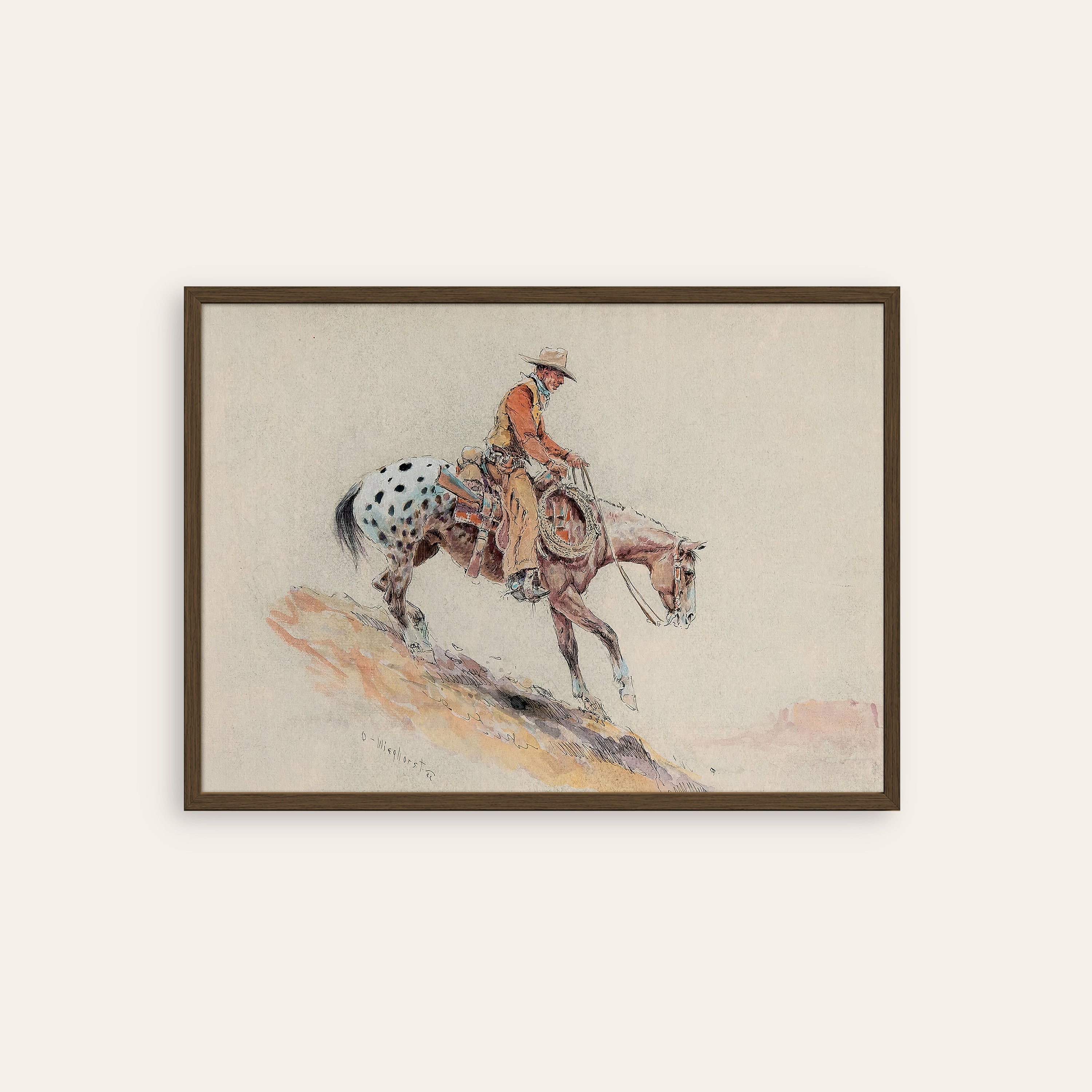 Appaloosa Descent — Watercolor Western Print – dark wood frame