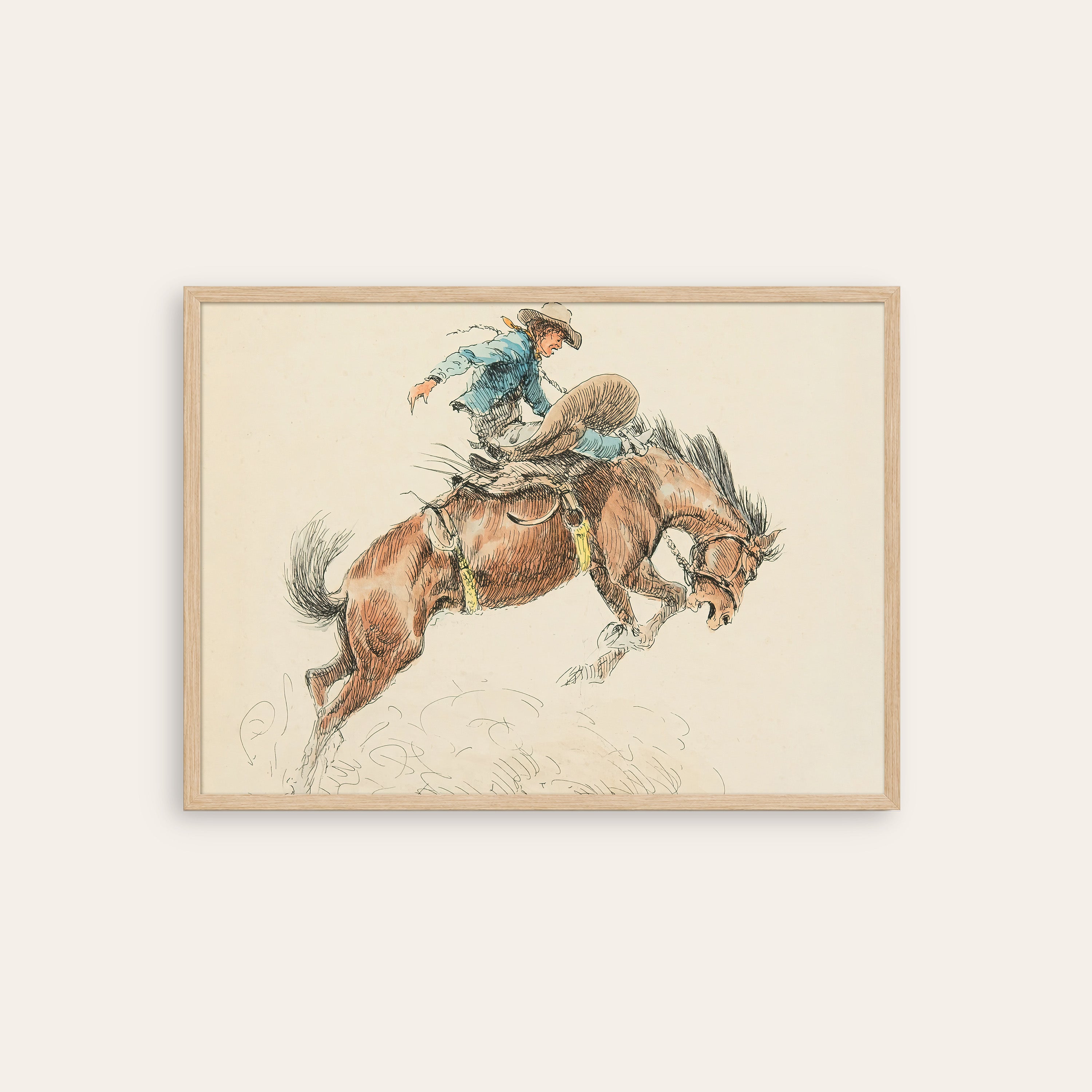 Bronc Buster — Watercolor Rodeo Print – natural wood frame