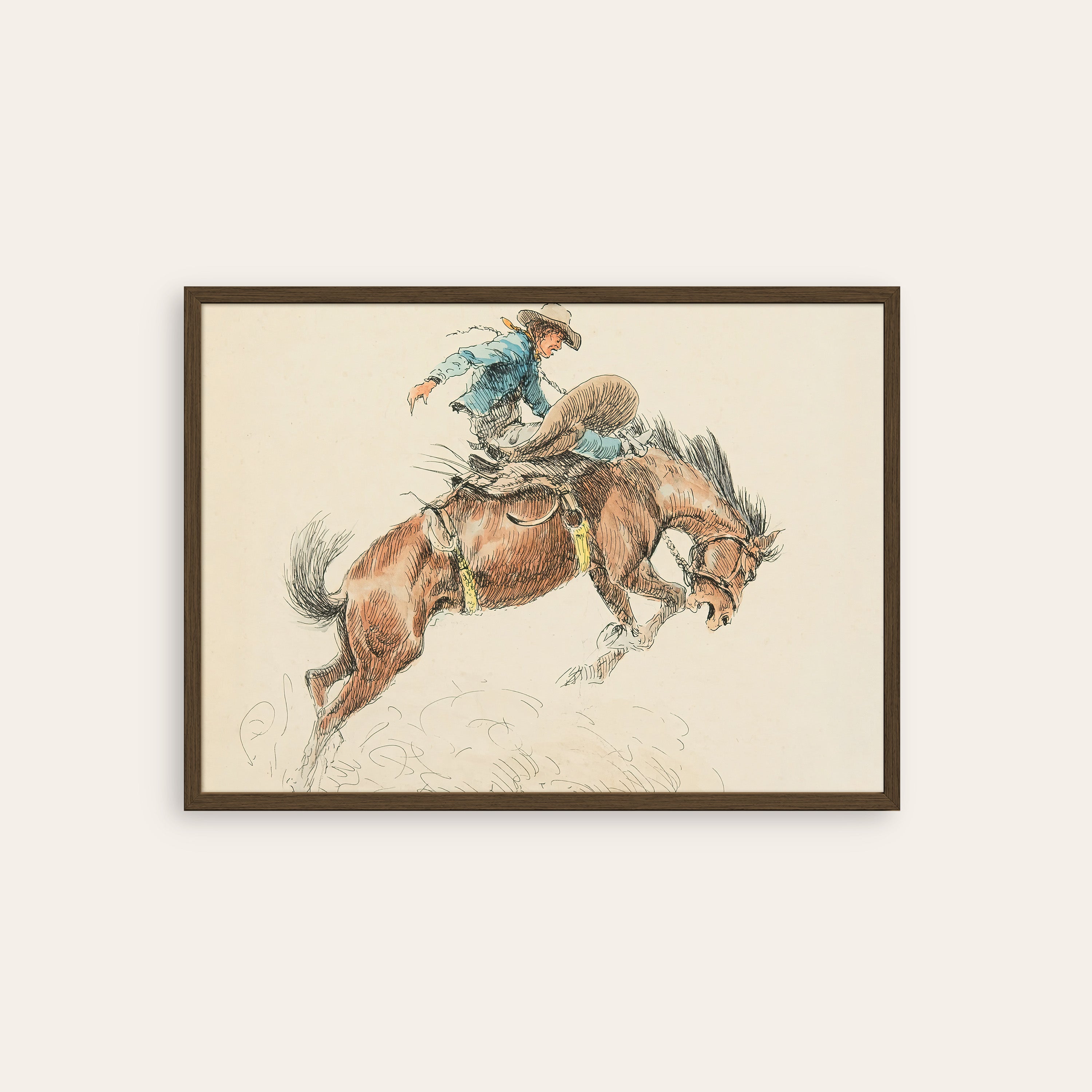 Bronc Buster — Watercolor Rodeo Print – dark wood frame