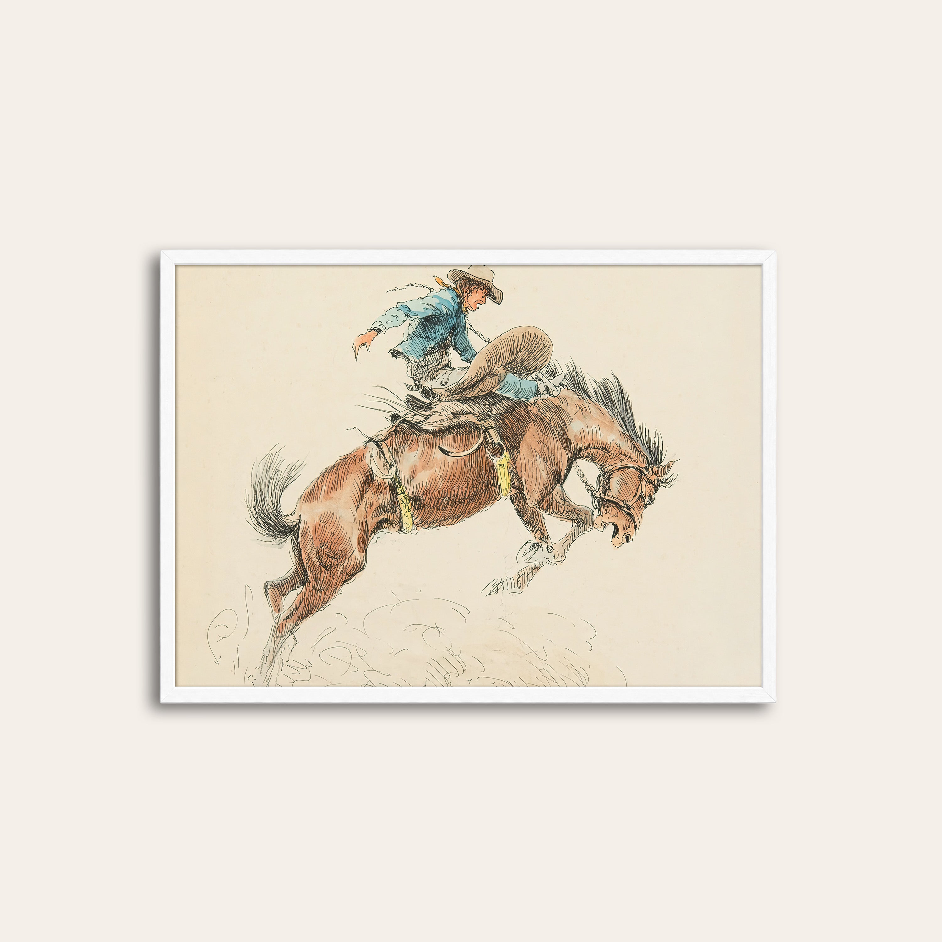 Bronc Buster — Watercolor Rodeo Print – white frame