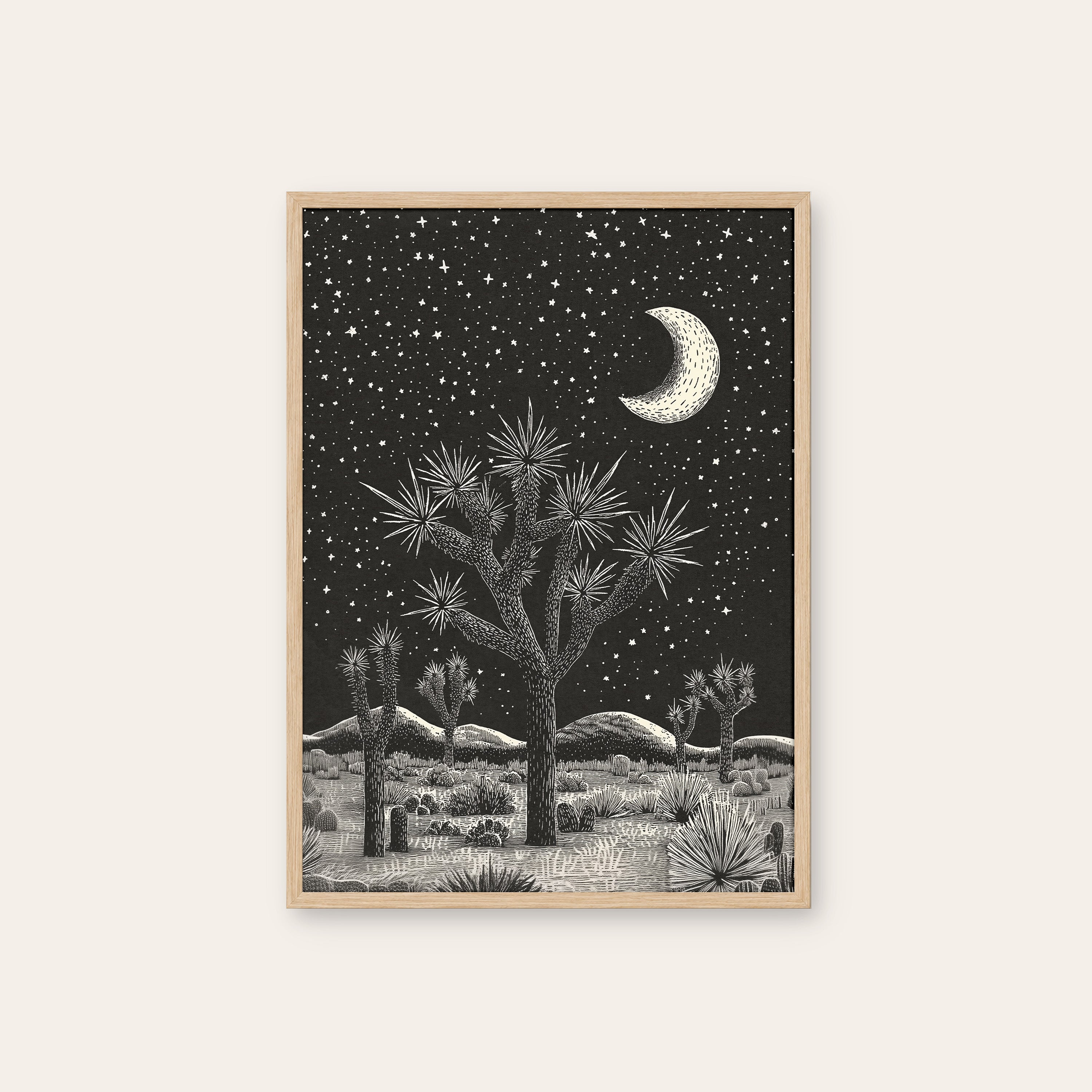 Desert Nocturne — Joshua Tree Print – natural wood frame