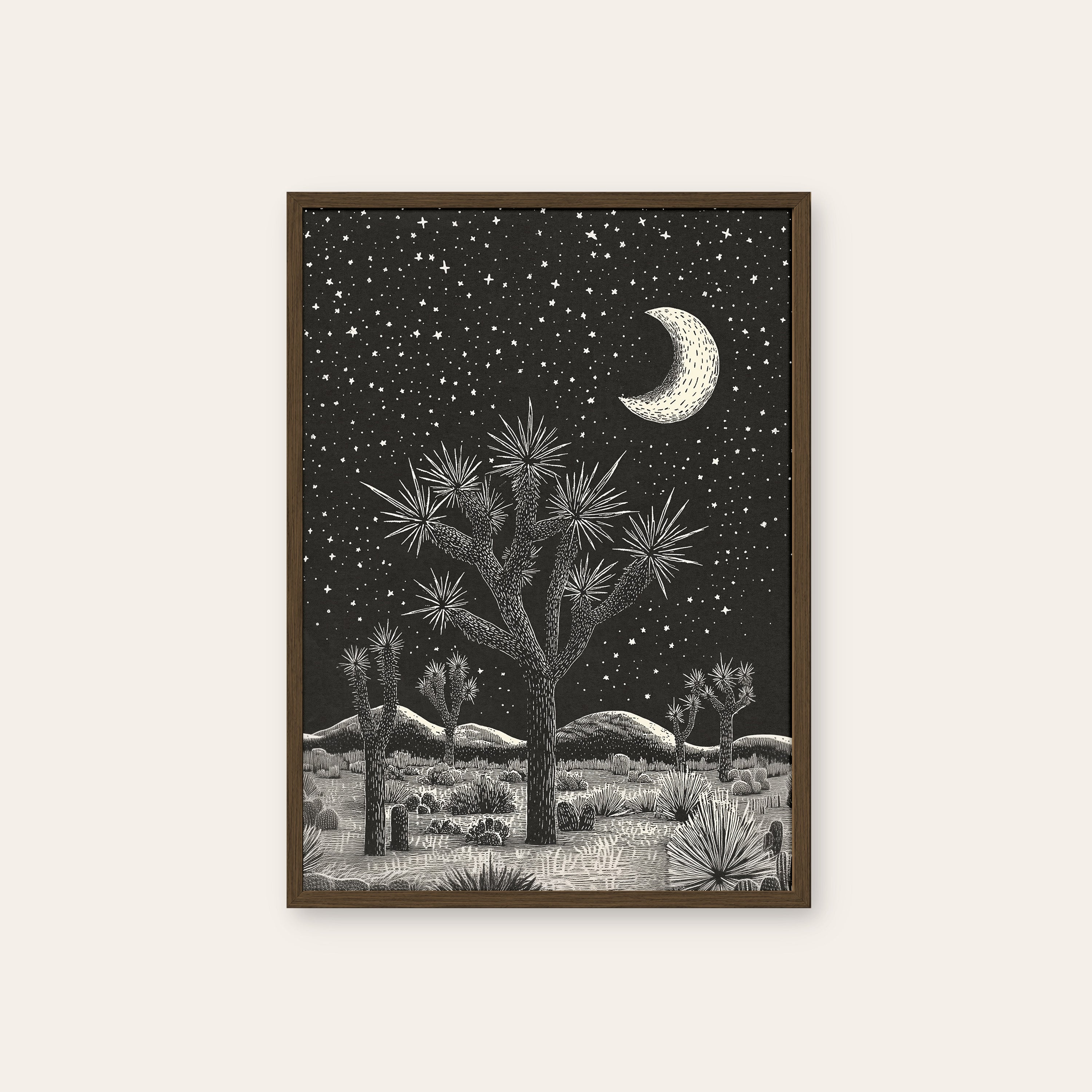 Desert Nocturne — Joshua Tree Print – dark wood frame