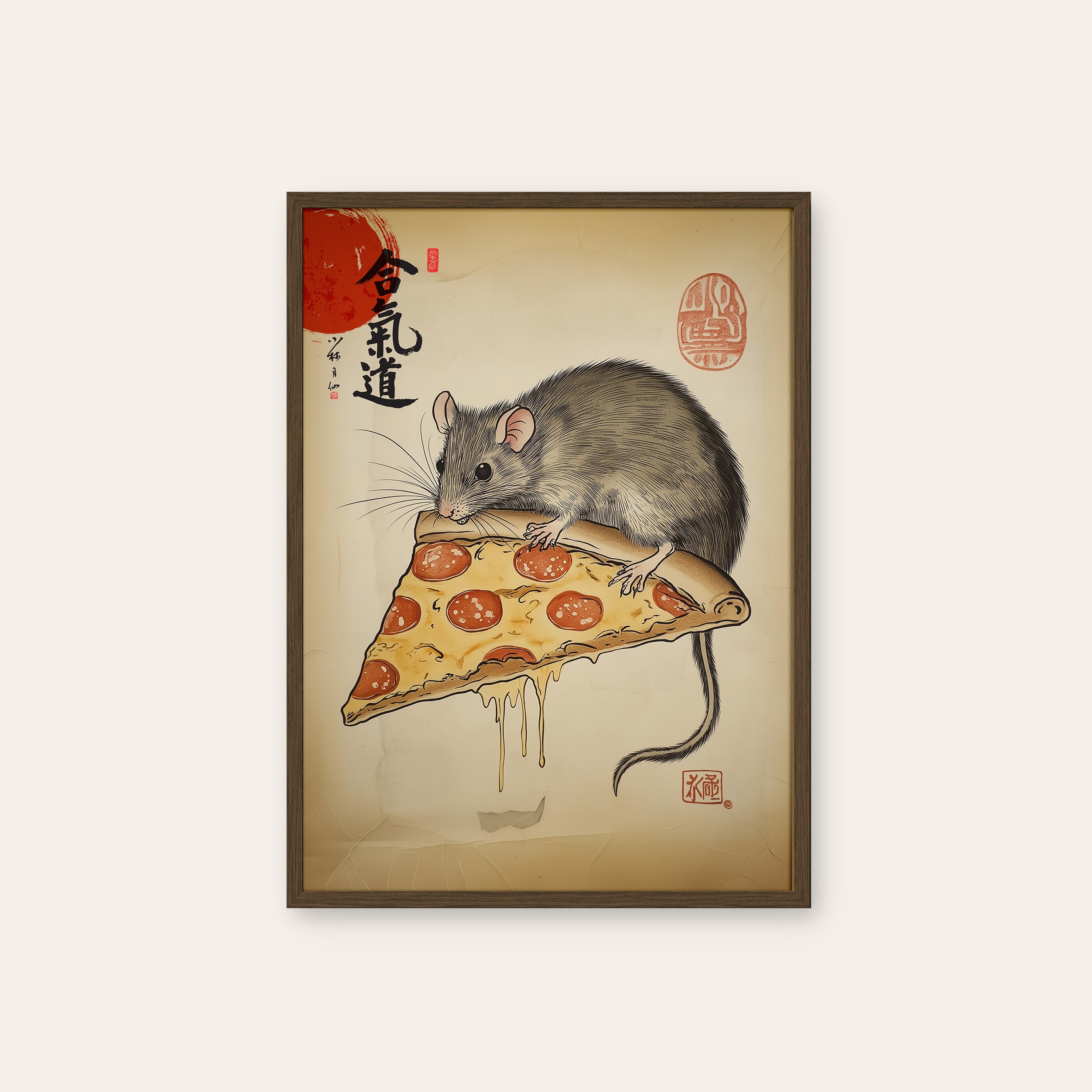 Pizza Rat — Ink Painting Print – dark wood frame