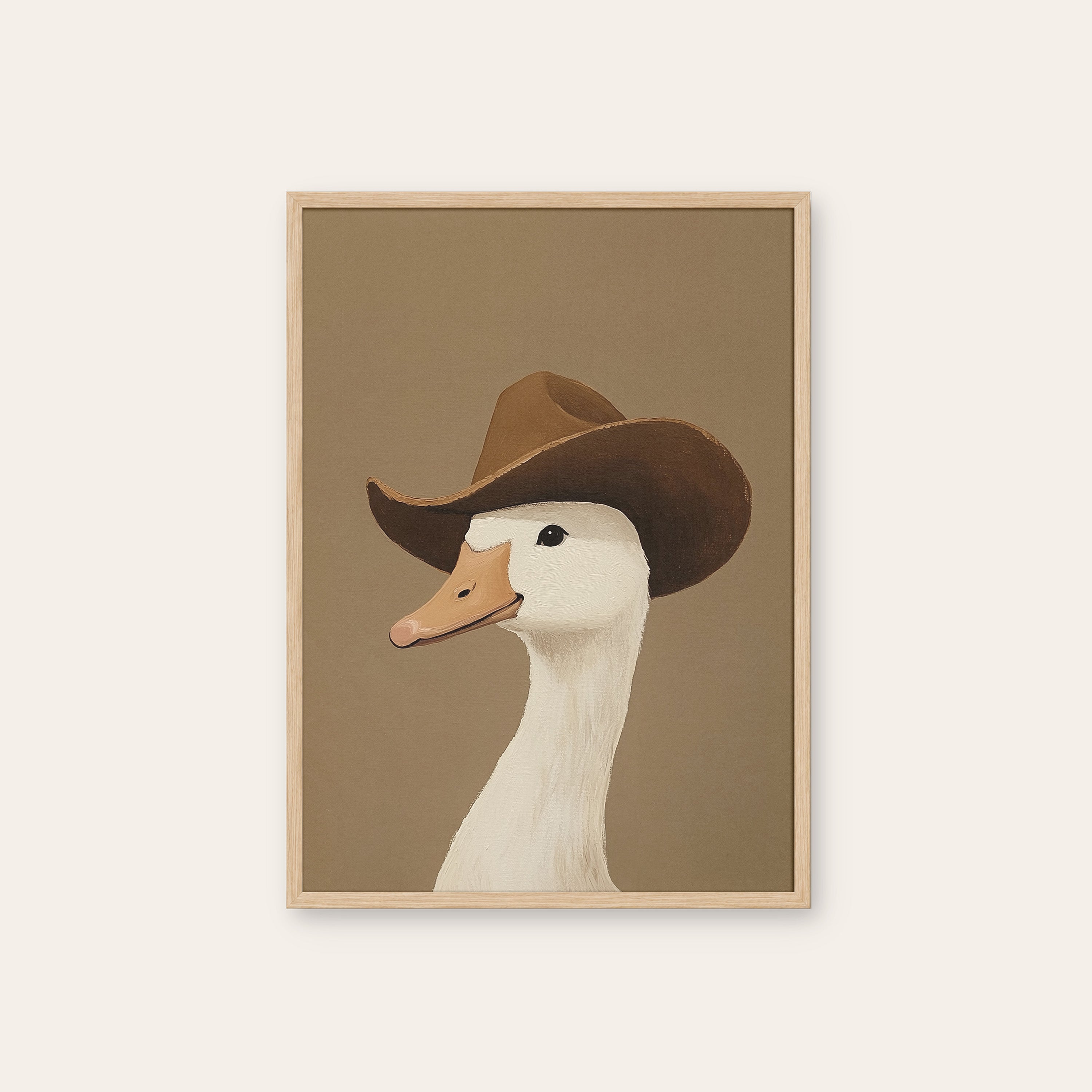 Howdy Duck — Cowboy Goose Print – natural wood frame