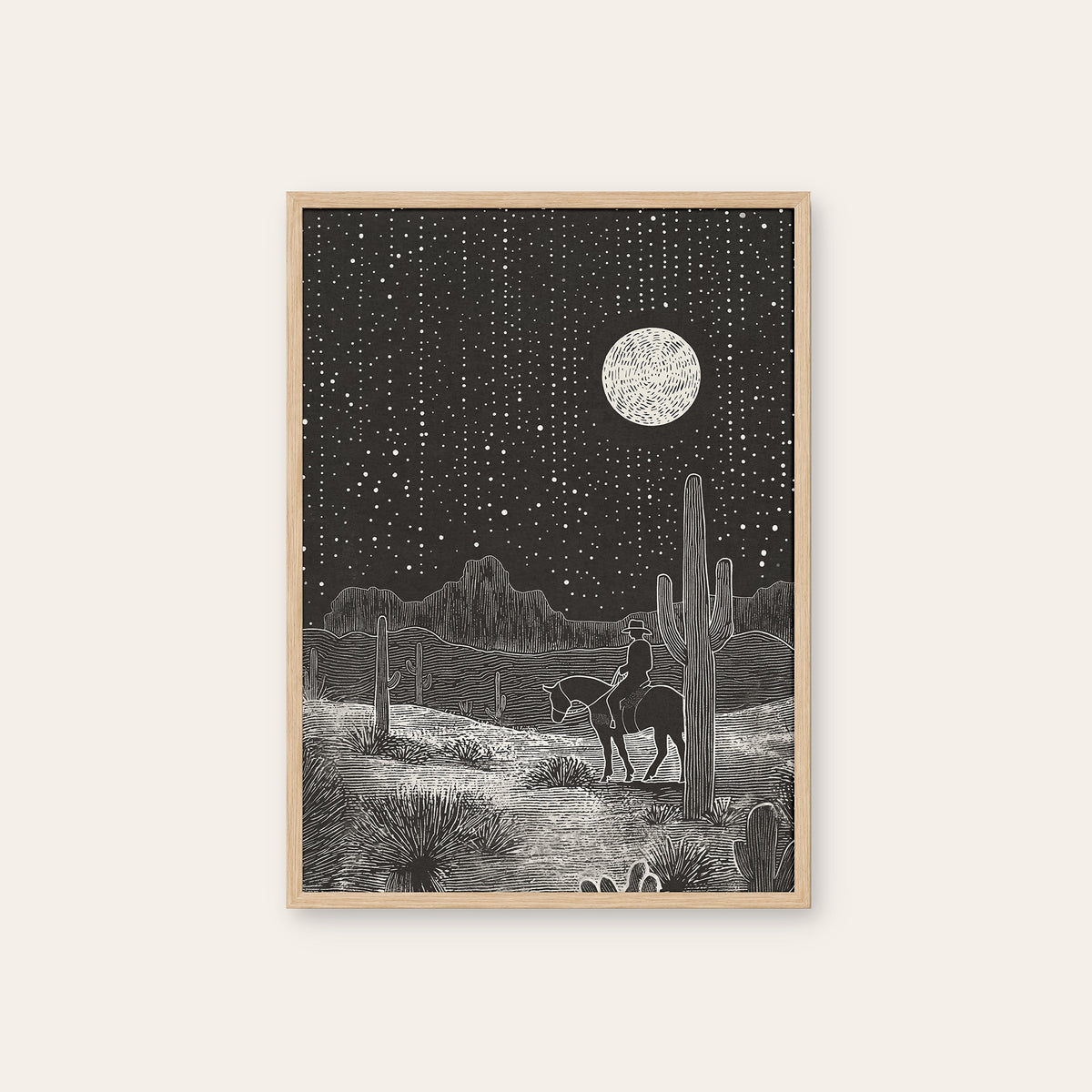 Night Ride - Moonlit Desert Print - natural wood frame