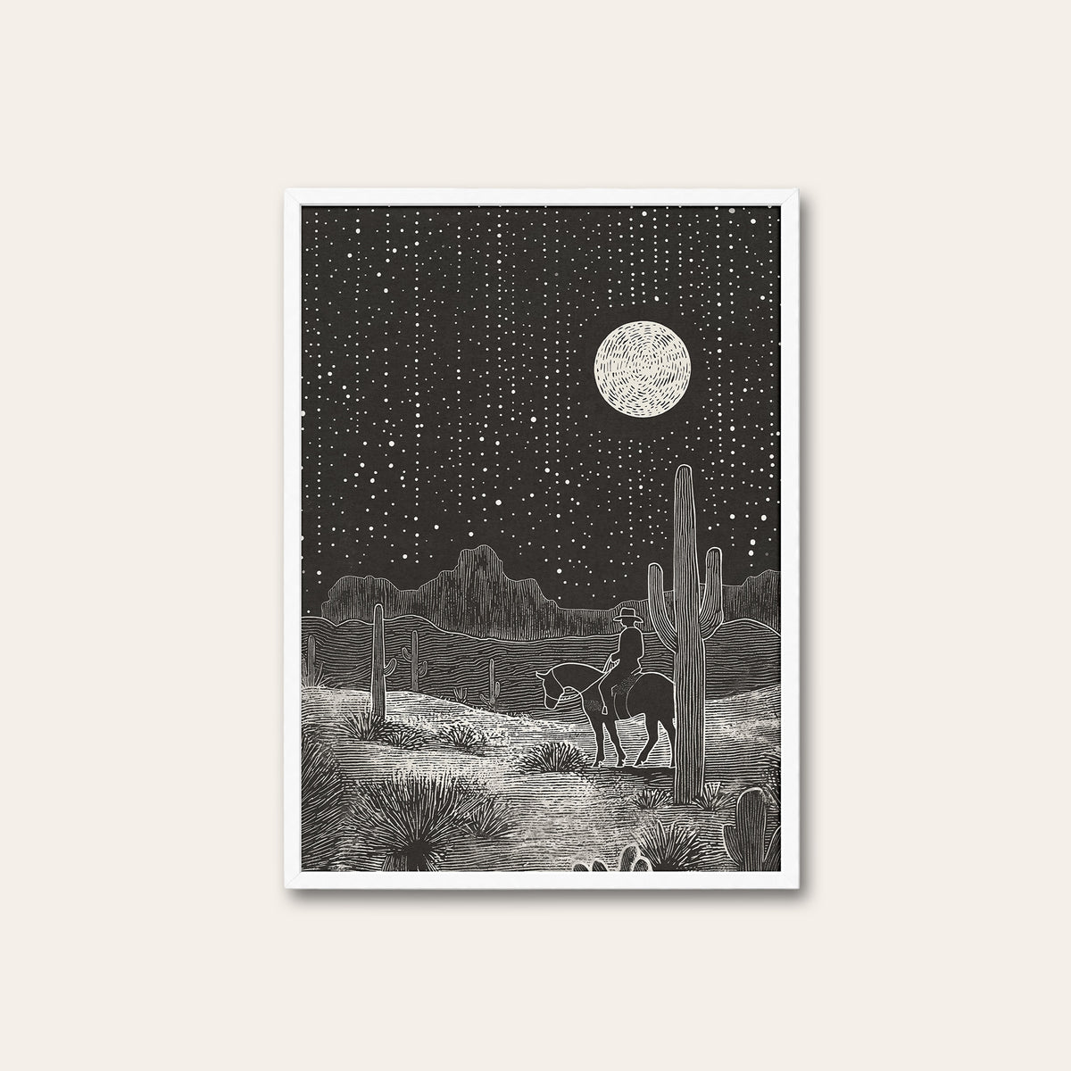 Night Ride - Moonlit Desert Print - white frame