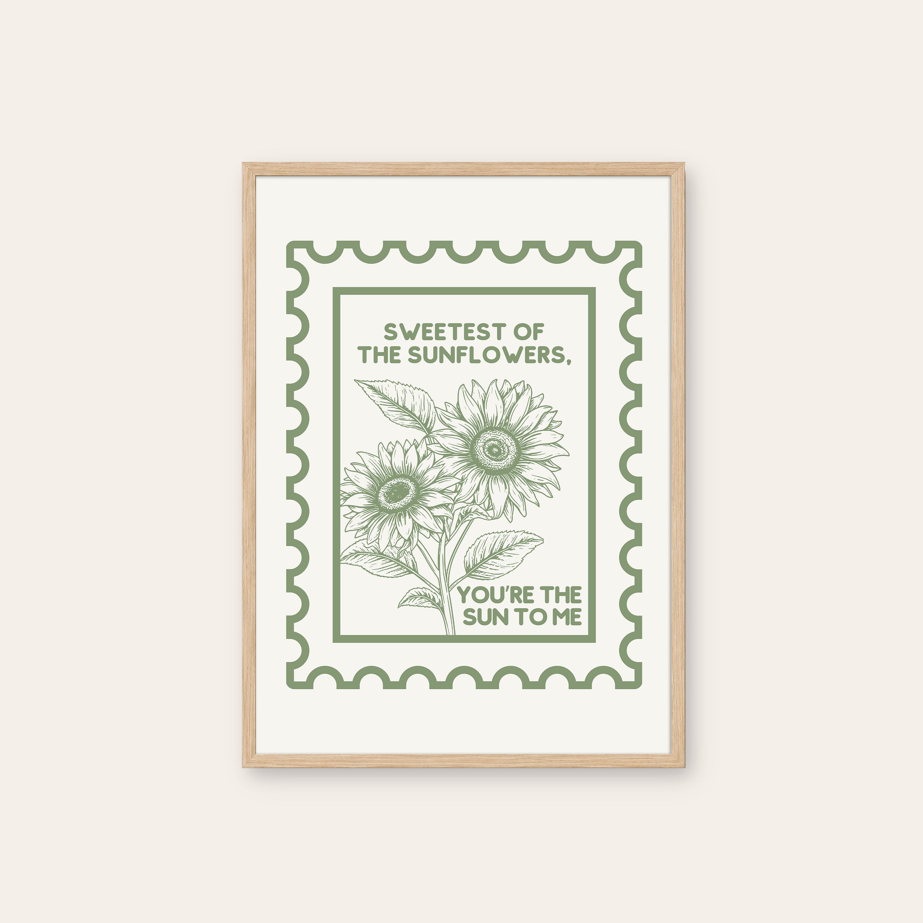 Sweetest of the Sunflowers — Stamp Print – natural wood frame