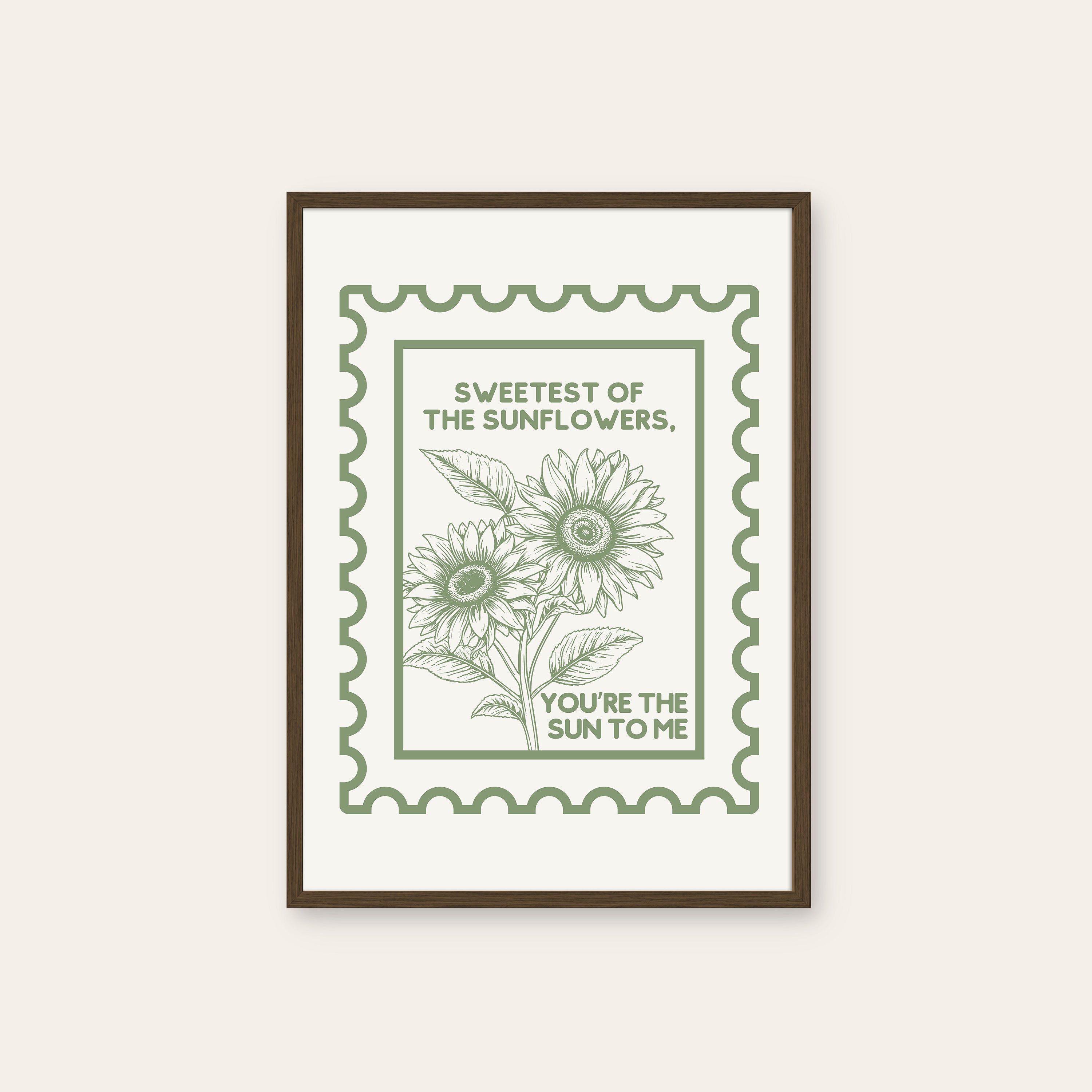 Sweetest of the Sunflowers — Stamp Print – dark wood frame