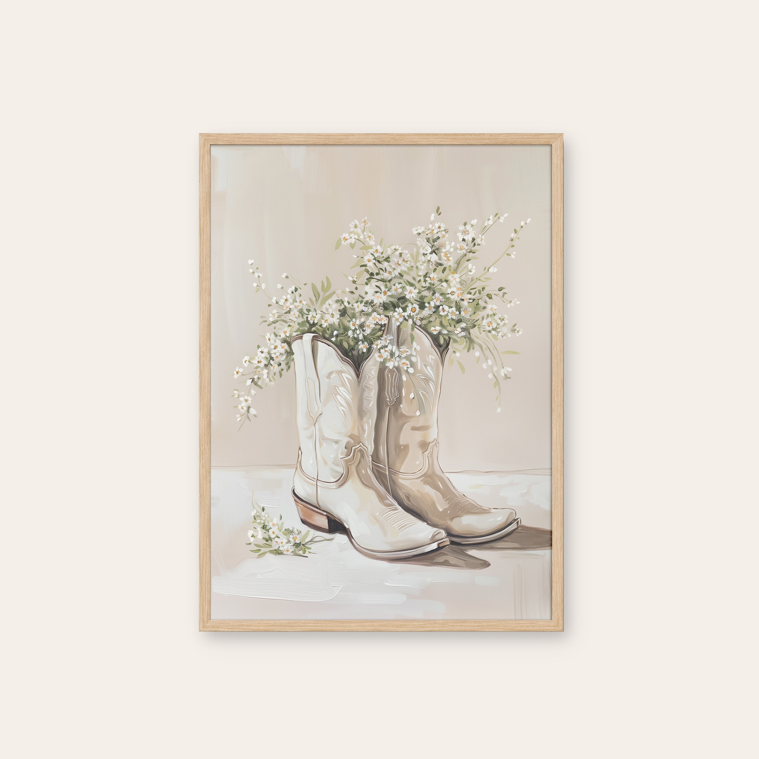 Boots & Baby's Breath — Still Life Print – natural wood frame