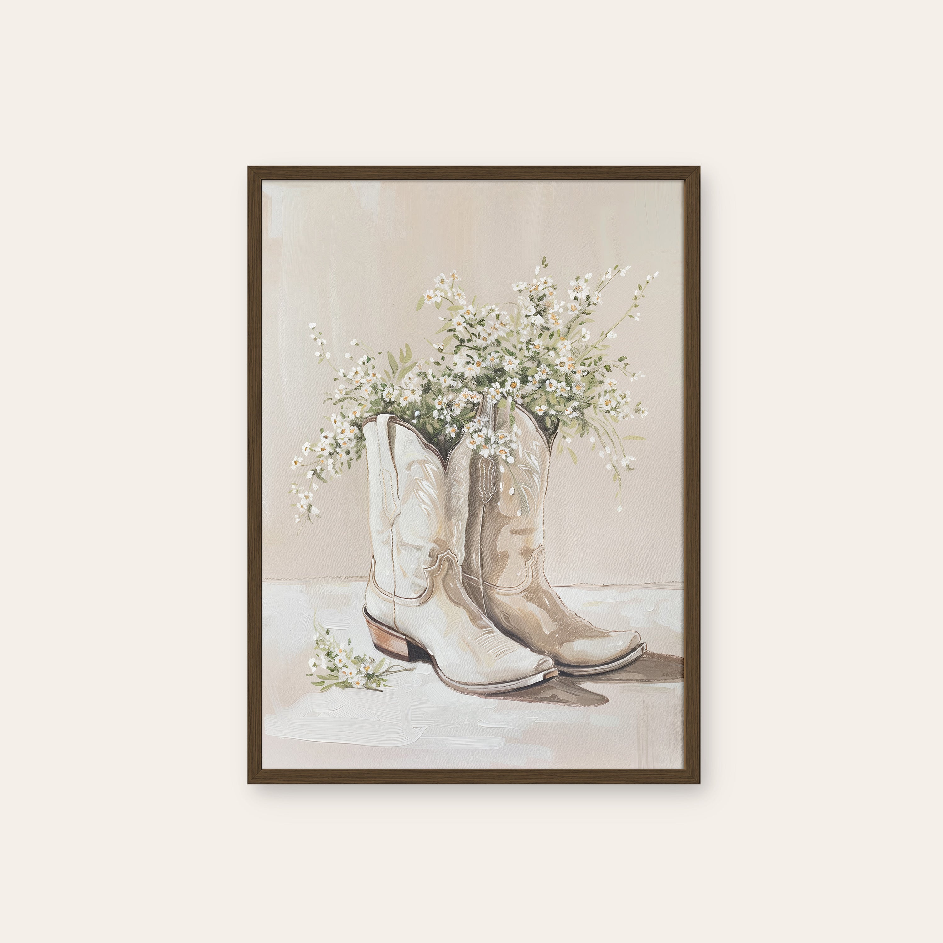 Boots & Baby's Breath — Still Life Print – dark wood frame