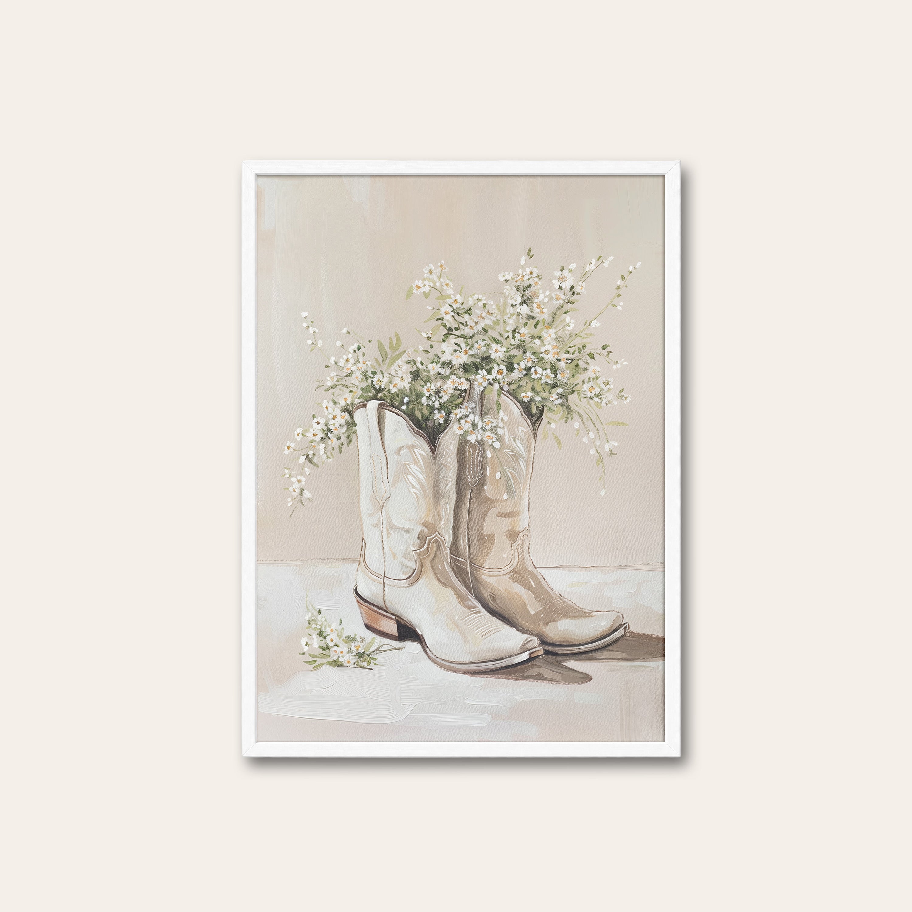 Boots & Baby's Breath — Still Life Print – white frame