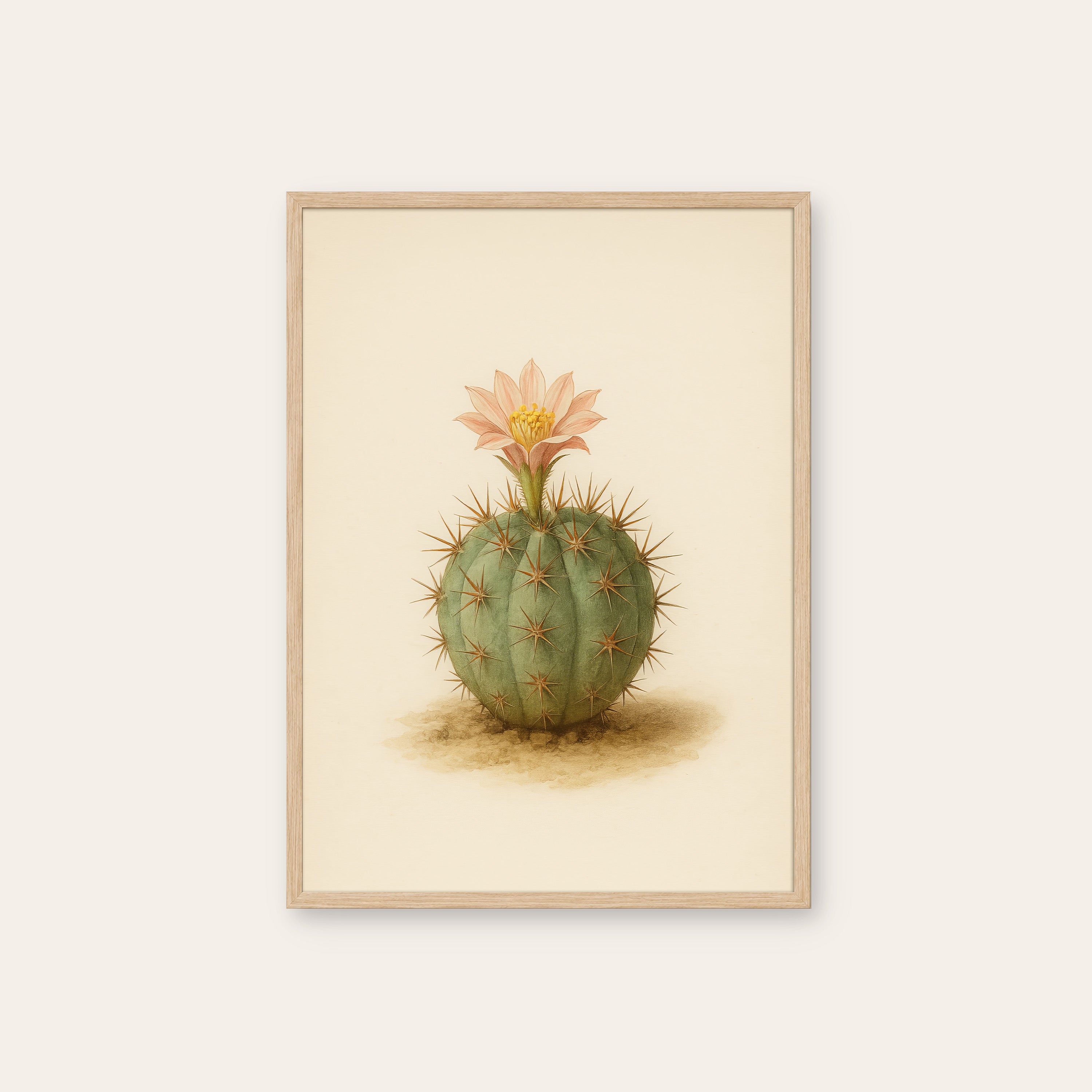 First Bloom — Cactus Botanical Print – natural wood frame