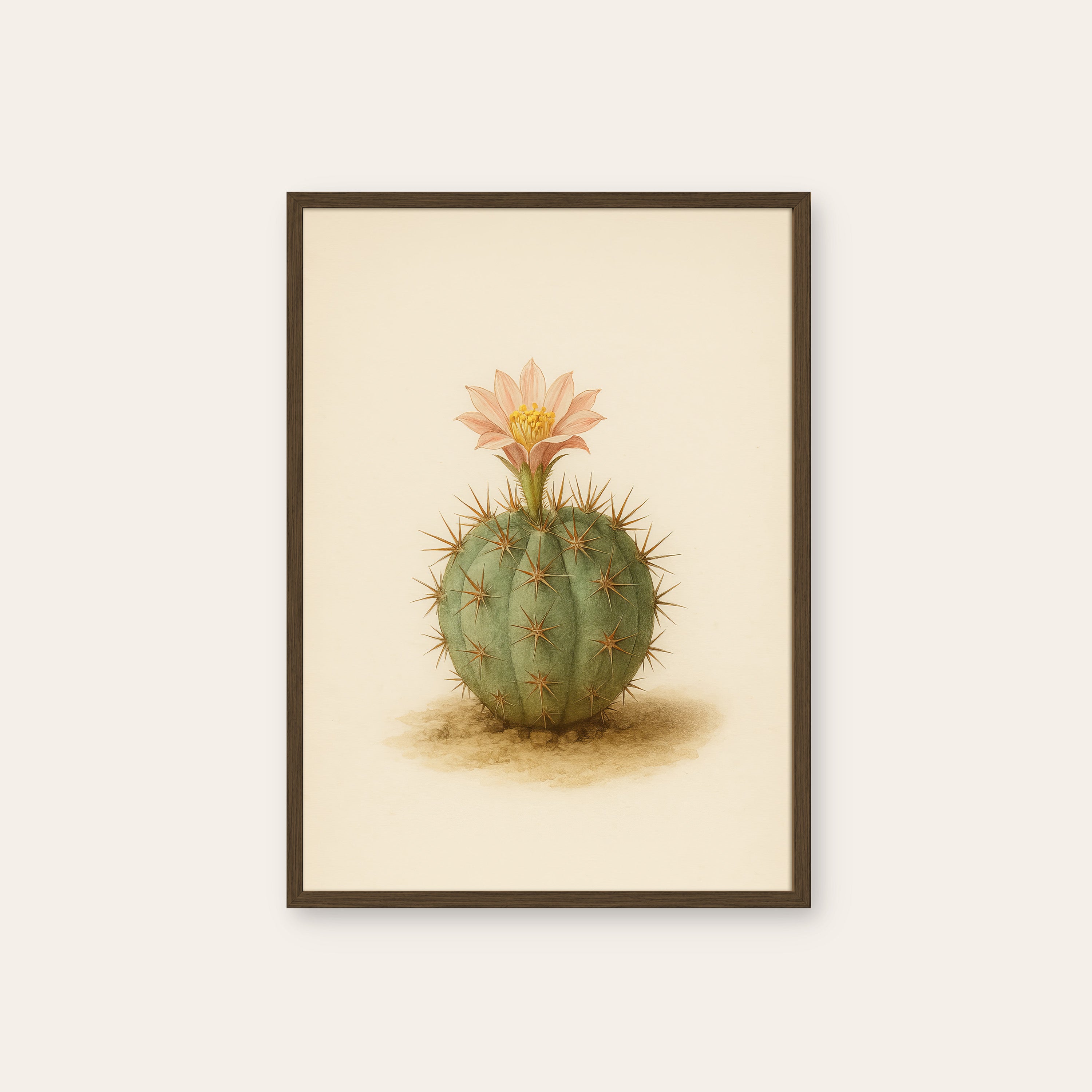 First Bloom — Cactus Botanical Print – dark wood frame