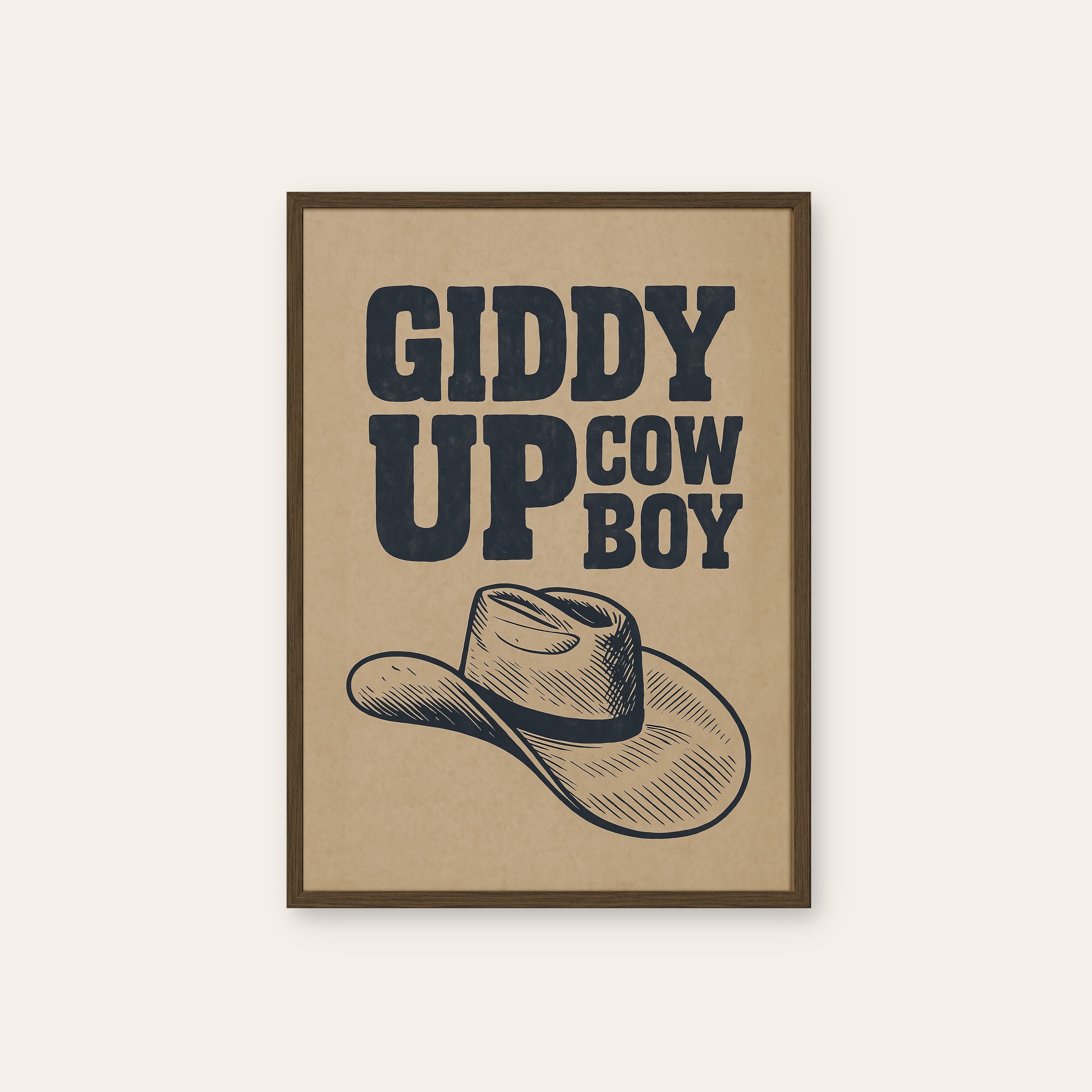 Giddy Up Cowboy — Kraft Type Print – dark wood frame