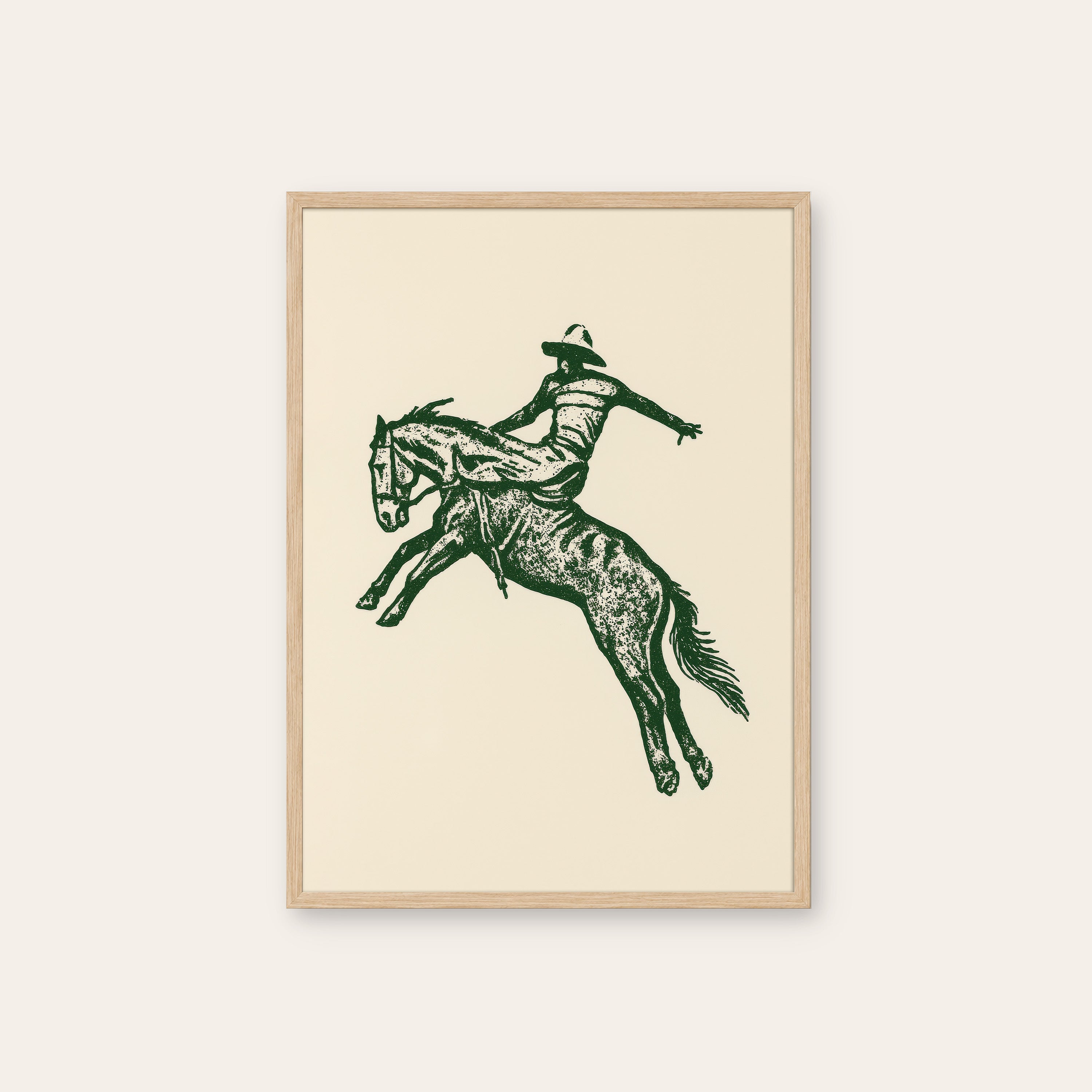 Green Bronc — Engraved Rodeo Print – natural wood frame