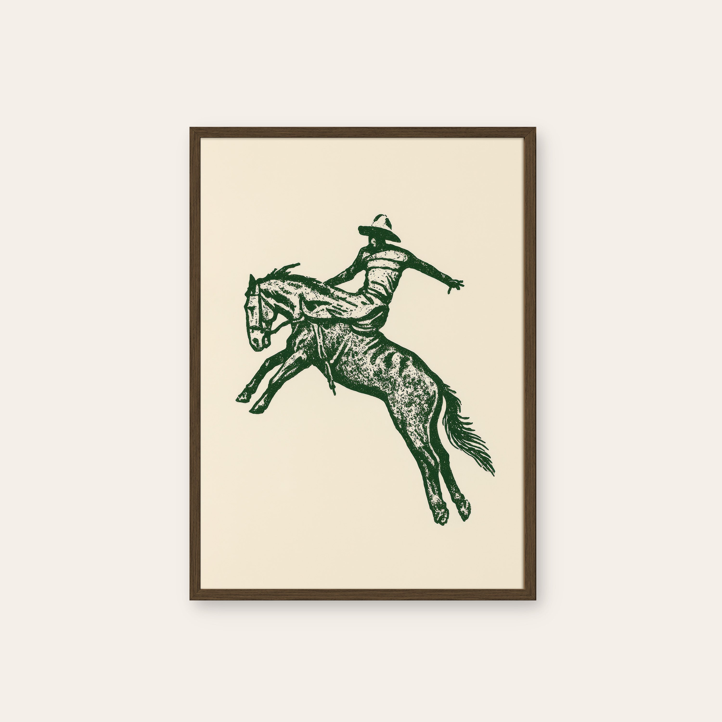 Green Bronc — Engraved Rodeo Print – dark wood frame