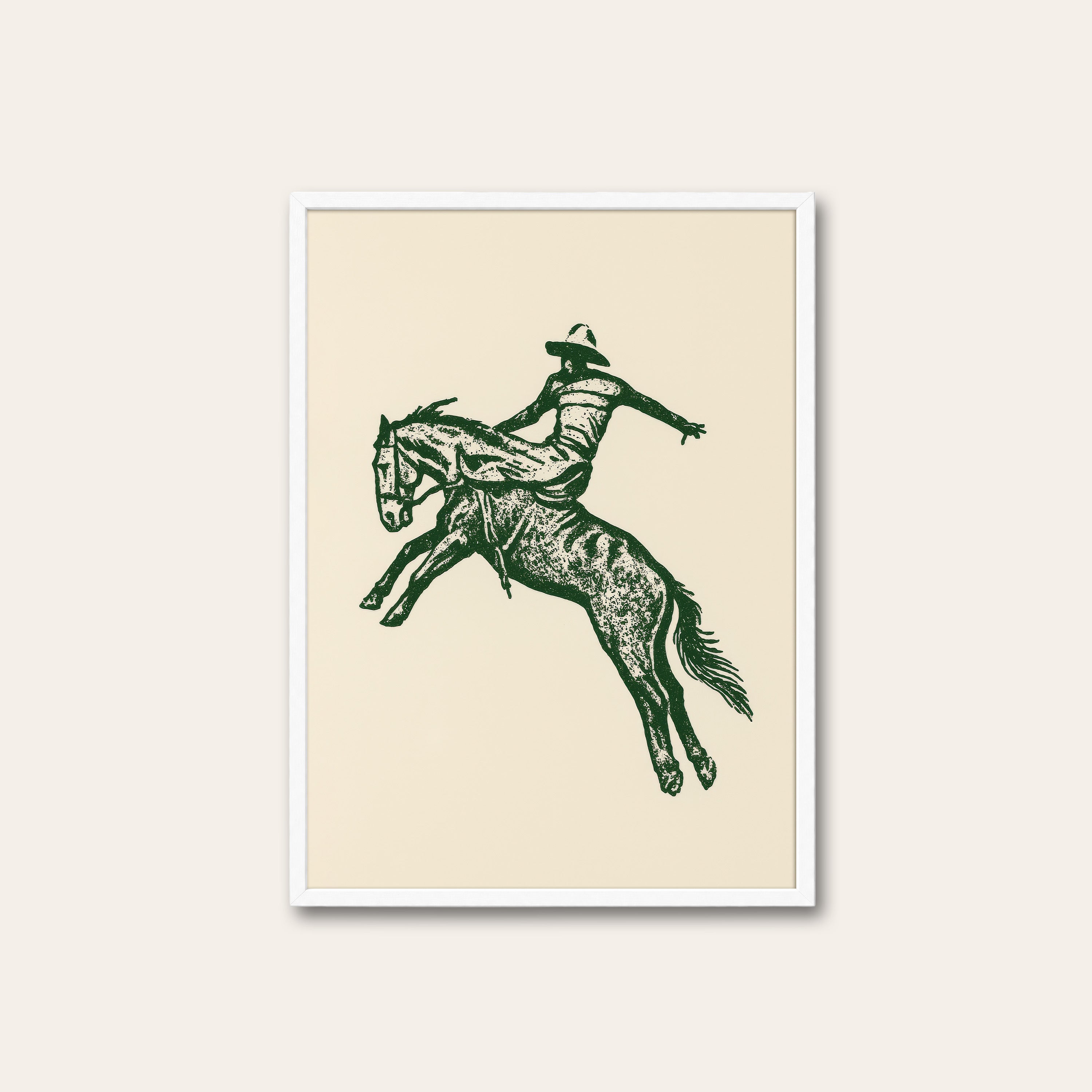 Green Bronc — Engraved Rodeo Print – white frame