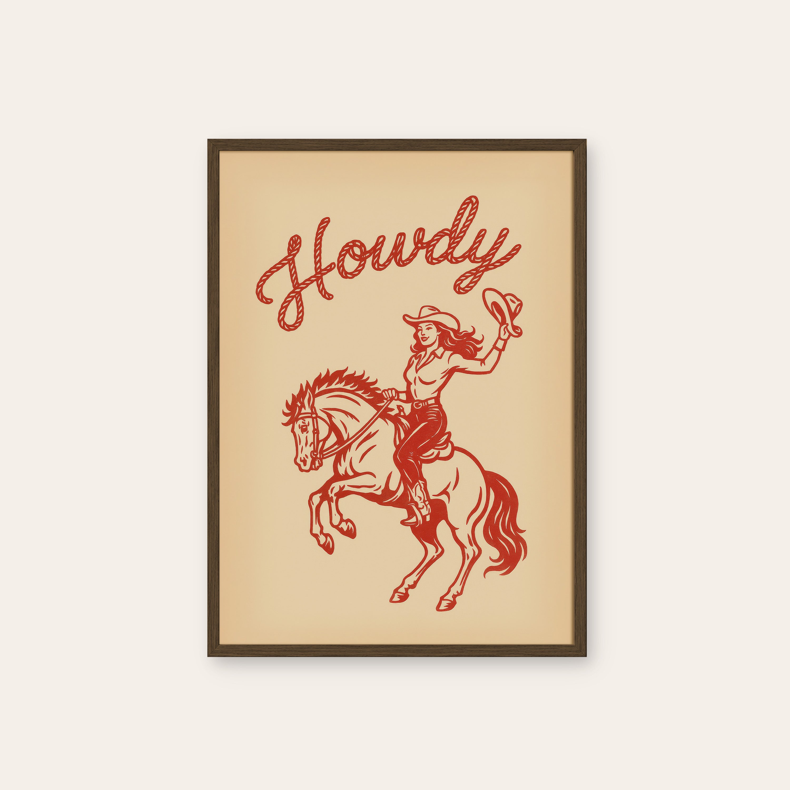 Howdy — Red Rodeo Script Print – dark wood frame