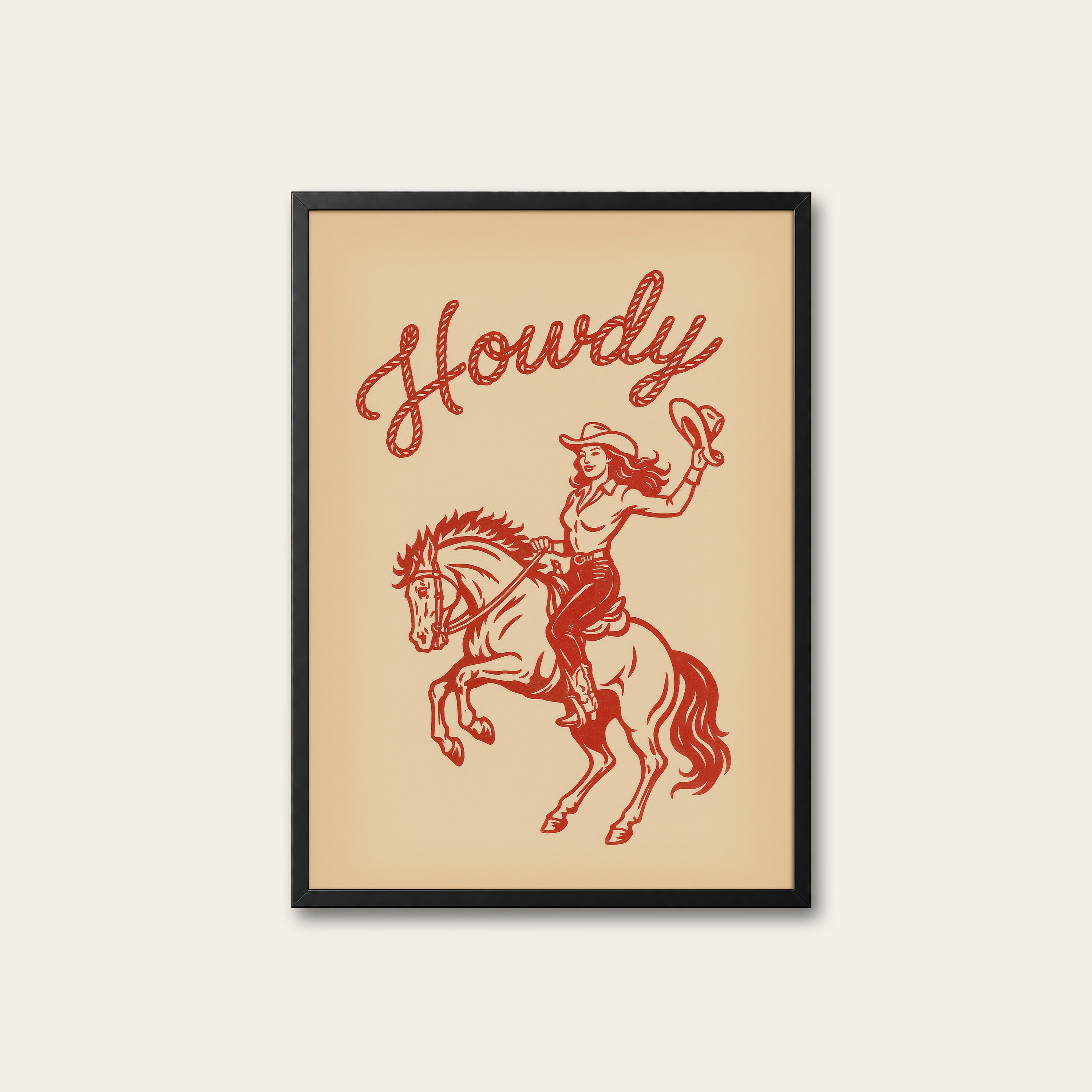 Howdy — Red Rodeo Script Print – black frame