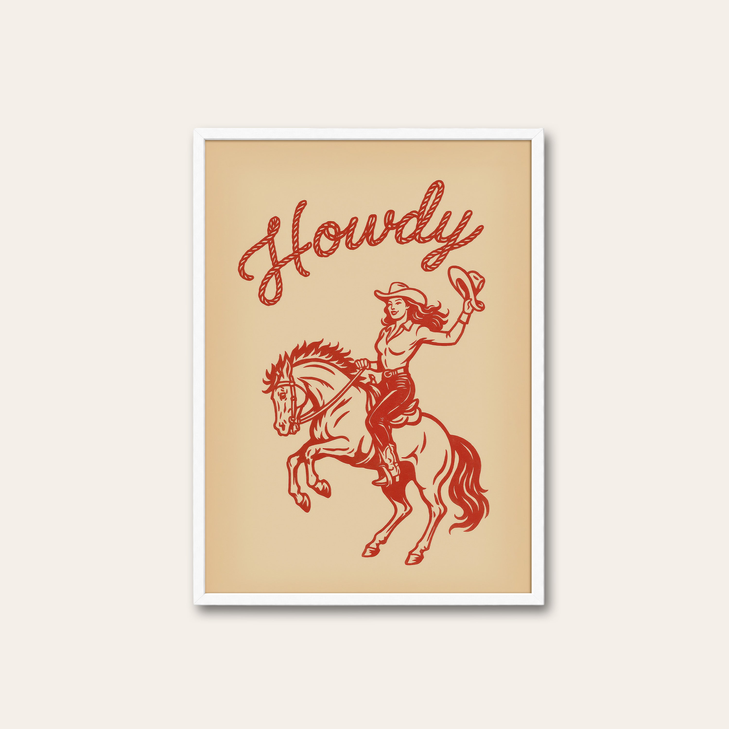 Howdy — Red Rodeo Script Print – white frame