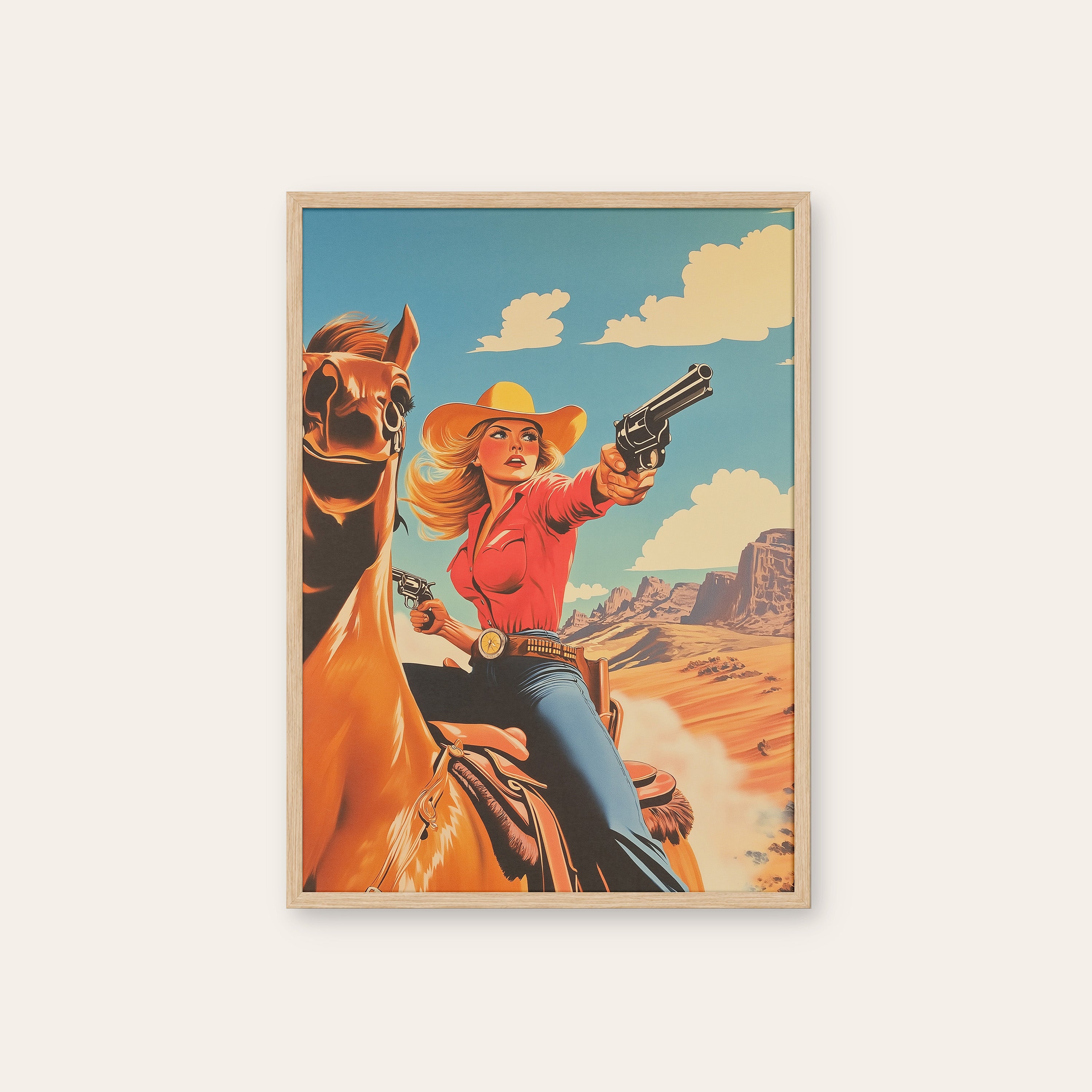 Quick Draw Cowgirl — Retro Poster Print – natural wood frame